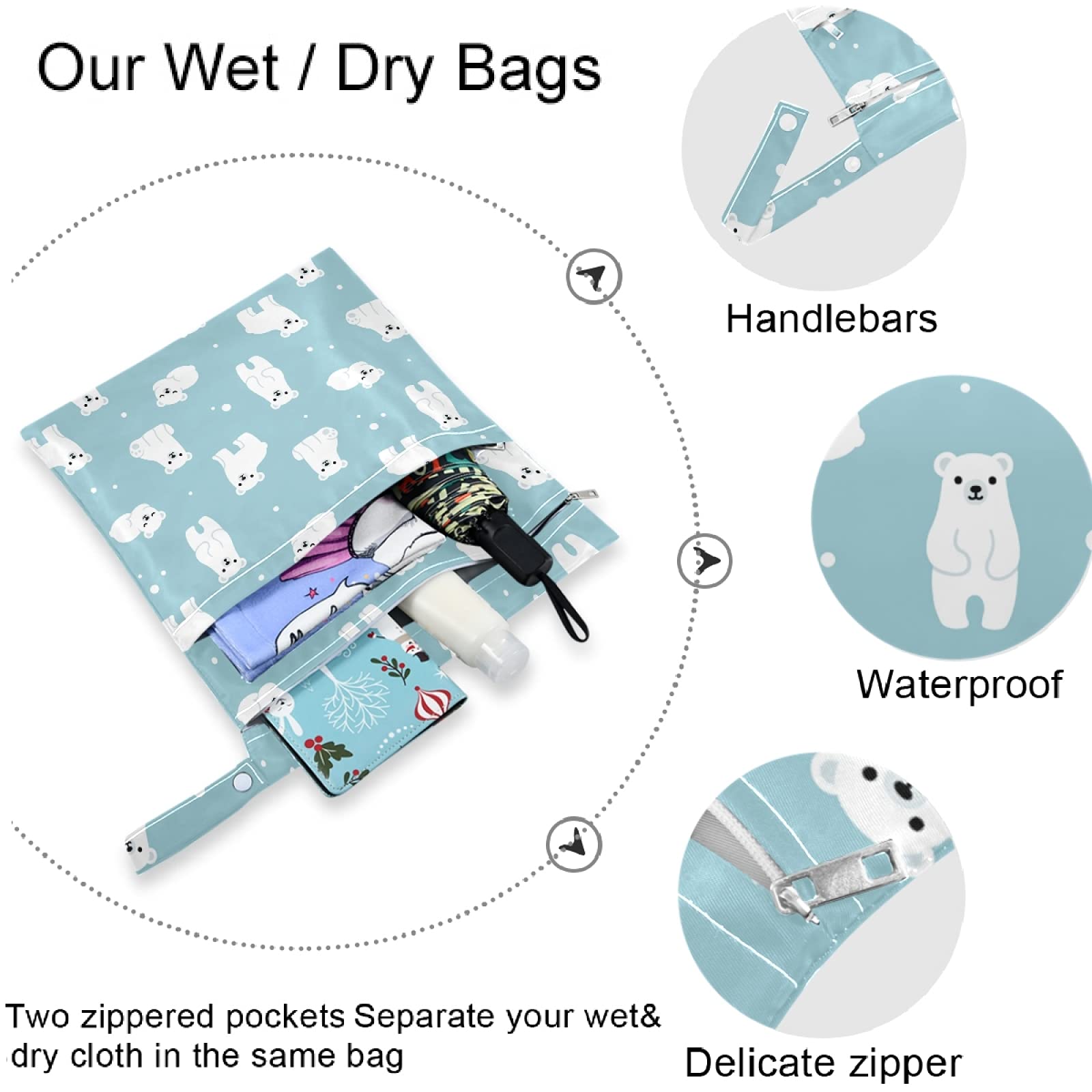 Visesunny 2-Pack Bear Print Wet Bags - Waterproof Reusable Zipper Pouch for Swimsuits, Gym Clothes & Diapers - Perfect for Travel, Beach, Pool, Daycare & Stroller Organization - Machine Washable Storage Solution