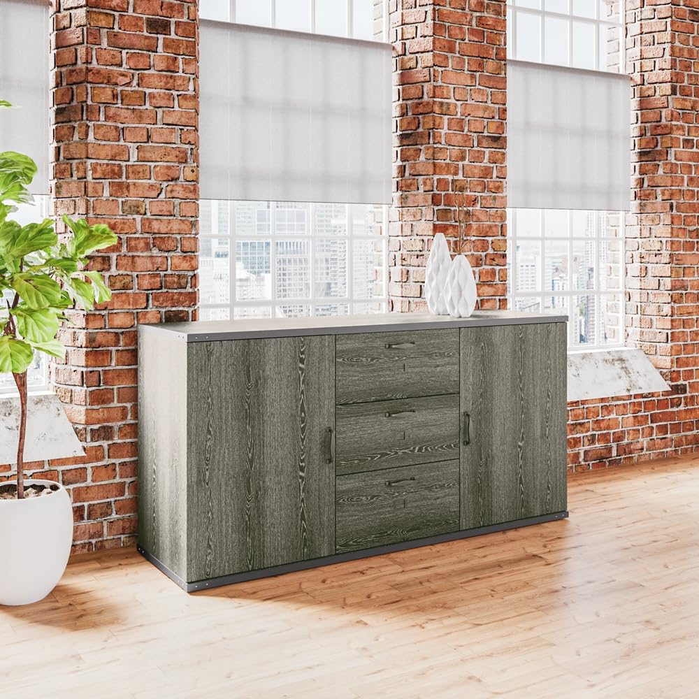Modern Office Credenza with Storage & Drawers - Weathered Gray Laminate 72