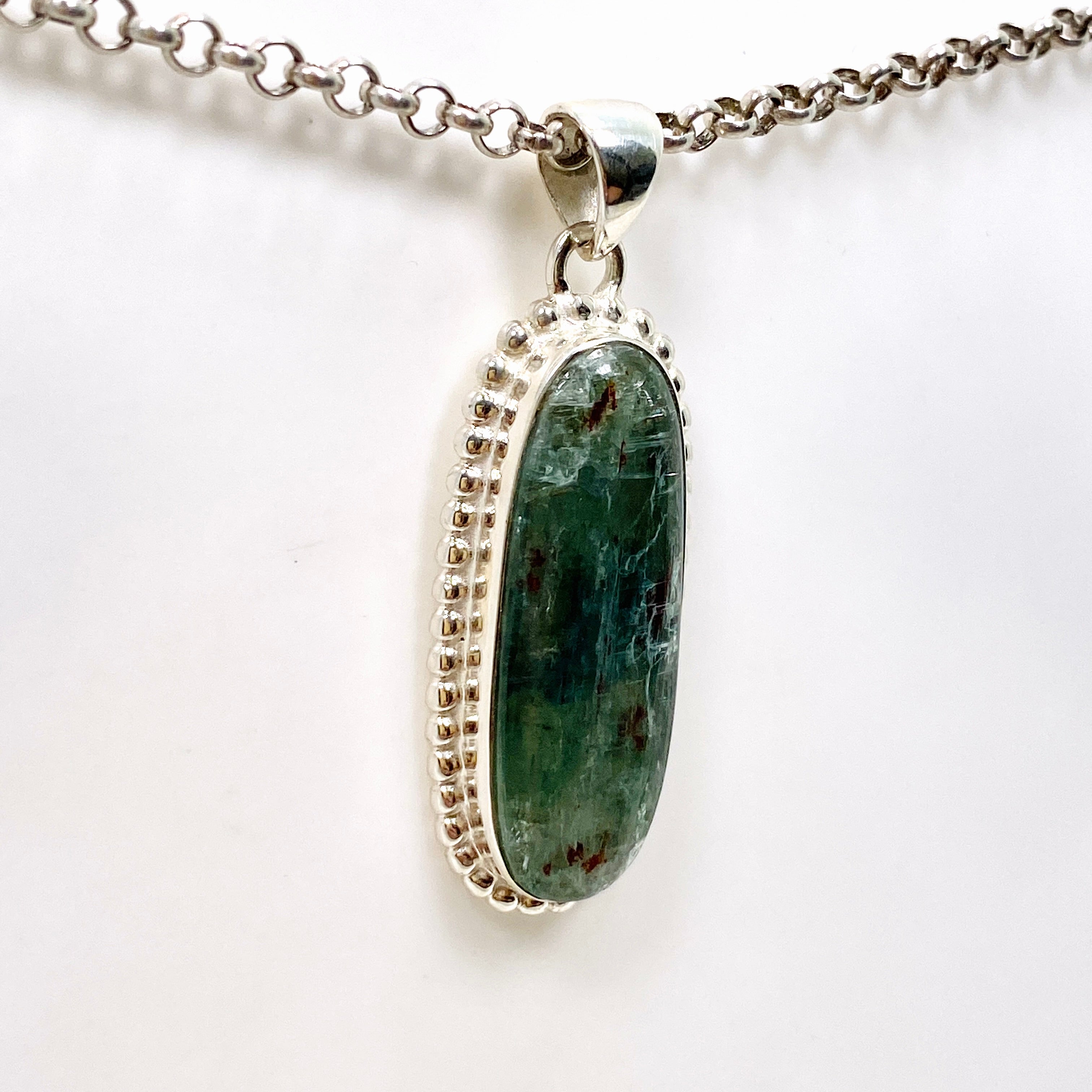 Natural Green Kyanite Oval Cabochon Pendant in Sterling Silver Setting - KPGJ4632 | Healing Crystal Jewelry for Meditation & Energy Work