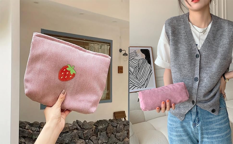 Strawberry Patch Corduroy Makeup Bag Set - Large Travel Toiletry Pouch with Zipper for Women & Teen Girls (Pink) | Cute Cosmetic Organizer for Travel, Gym, School & Daily Use