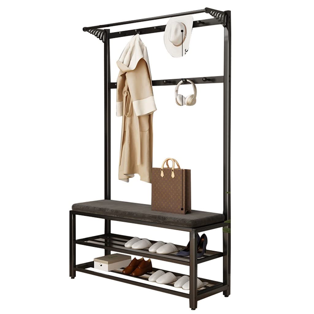 YAWEDA Entryway Hall Tree with Shoe Storage & Coat Rack - Multifunctional Shoe Bench Organizer for Hallway, Black Metal (80x33x170cm) - Perfect for Small Spaces, Mudroom & Apartment Entry Organization