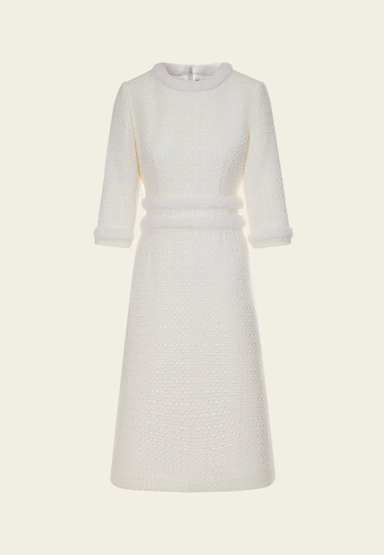 Elegant Mixed Tweed Lurex Trim Dress with Fur Details - Perfect for Holiday Parties, Cocktail Events & Winter Weddings