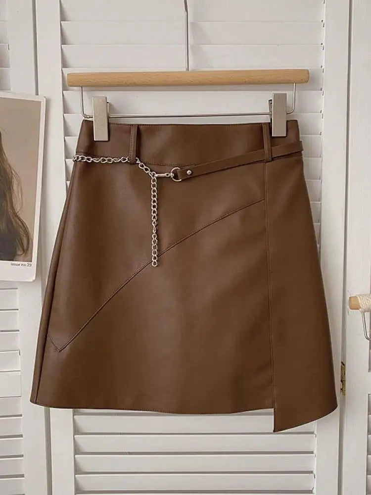 Autumn Women's Brown Chain Belt Mini Skirt - High Waist Slim Leather Bodycon Wrap Hip Short Skirt for Streetwear & Night Out | Trendy Fashion for Parties, Dating & Casual Wear