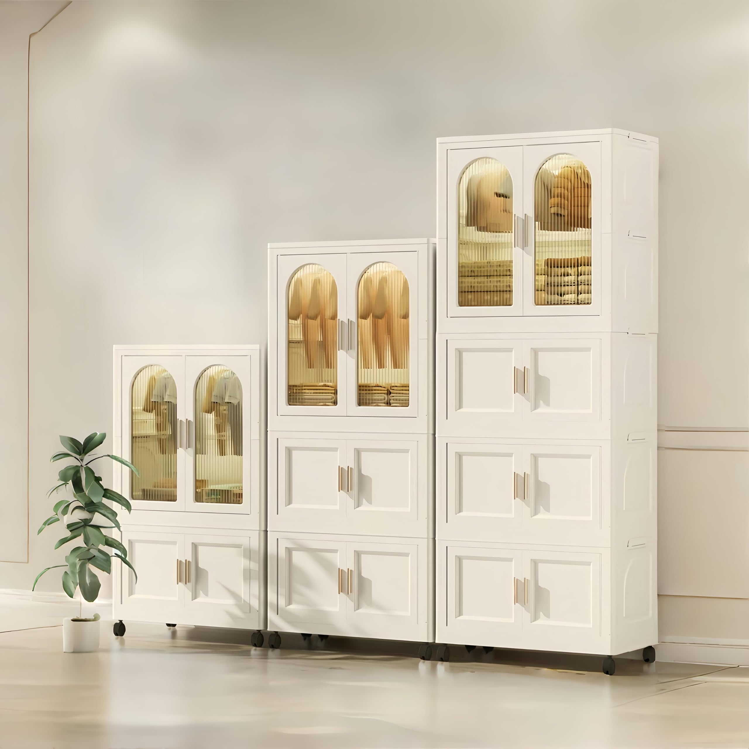 Foldable Storage Bins with Lids & Wheels - Cream White Organizer Box with Doors for Bedroom, Closet & Home Organization (70.87