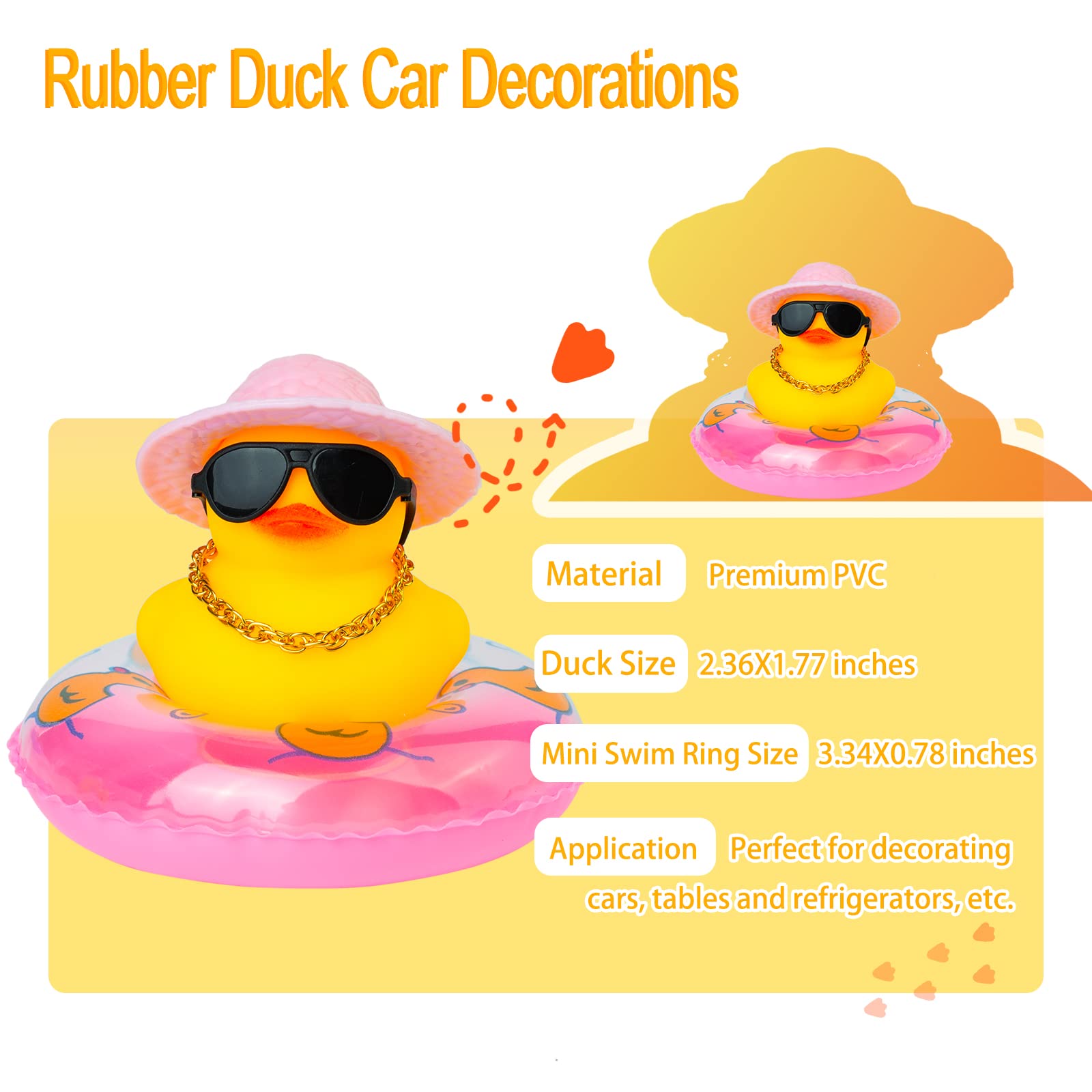 Funny Rubber Duck Car Dashboard Decorations with Mini Swim Ring, Sun Hat & Sunglasses - Cute Car Accessories for Dashboard Decoration - Perfect for Road Trips, Gifts & Adding Personality to Your Vehicle