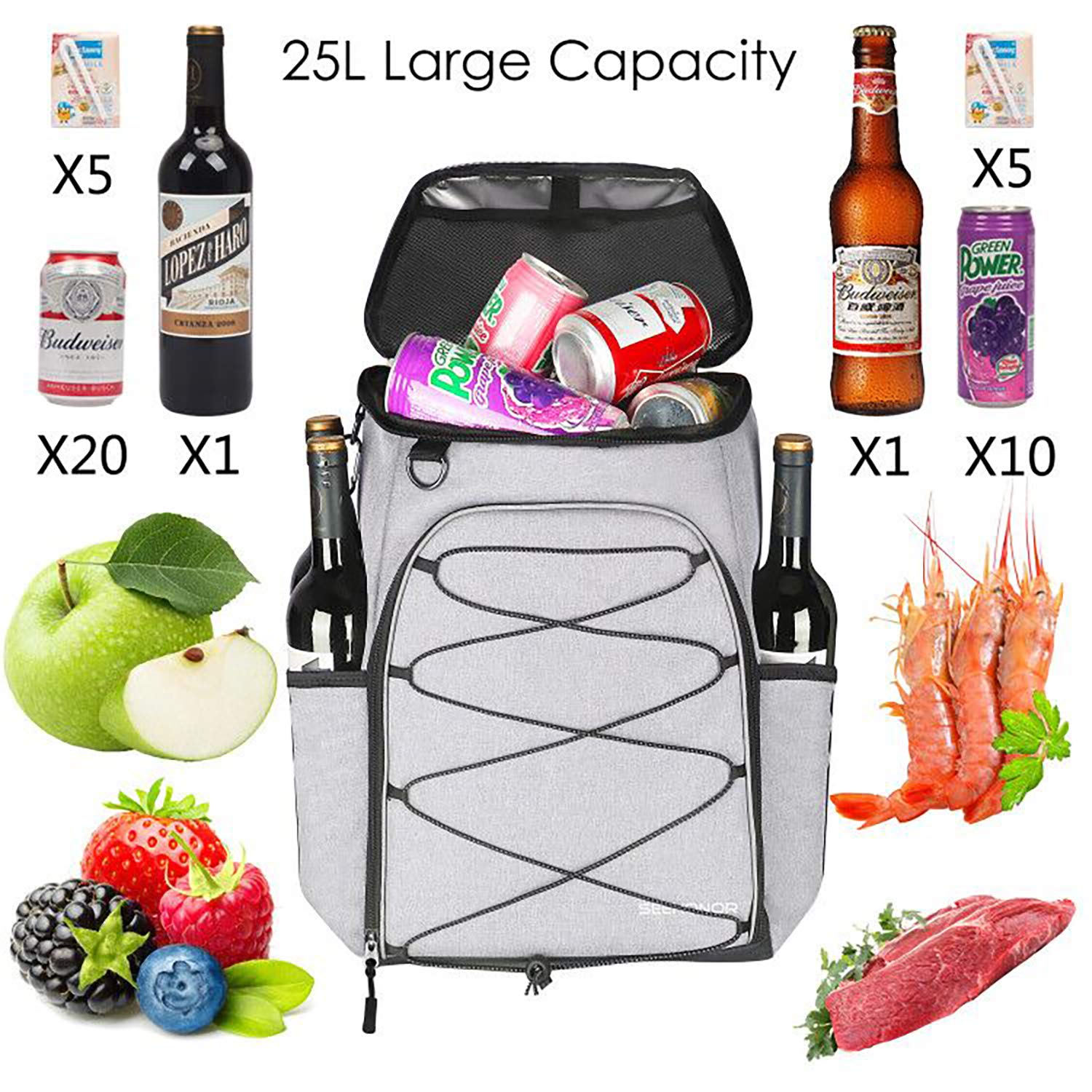 SEEHONOR Insulated Cooler Backpack - Leakproof & Lightweight Soft Cooler Bag for Lunch, Picnic, Fishing, Hiking, Camping (Holds 25 Cans) - Perfect for Outdoor Adventures, Beach Trips & Daily Commutes