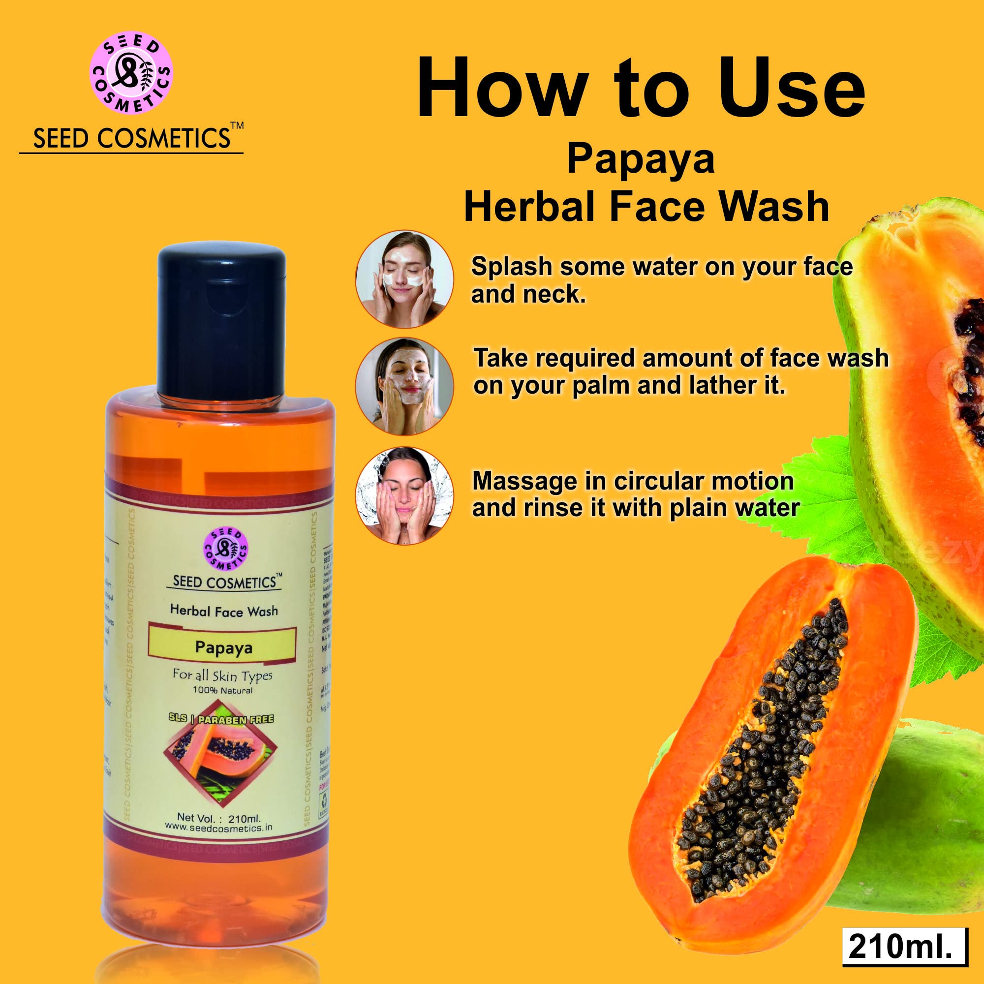 Seed Cosmetics Papaya Face Wash 210g - Brightening & Glowing Skin Formula, Dark Spot & Pigmentation Remover - SLS & Paraben Free - Pack of 1 - Perfect for Daily Skincare Routine & Acne-Prone Skin
