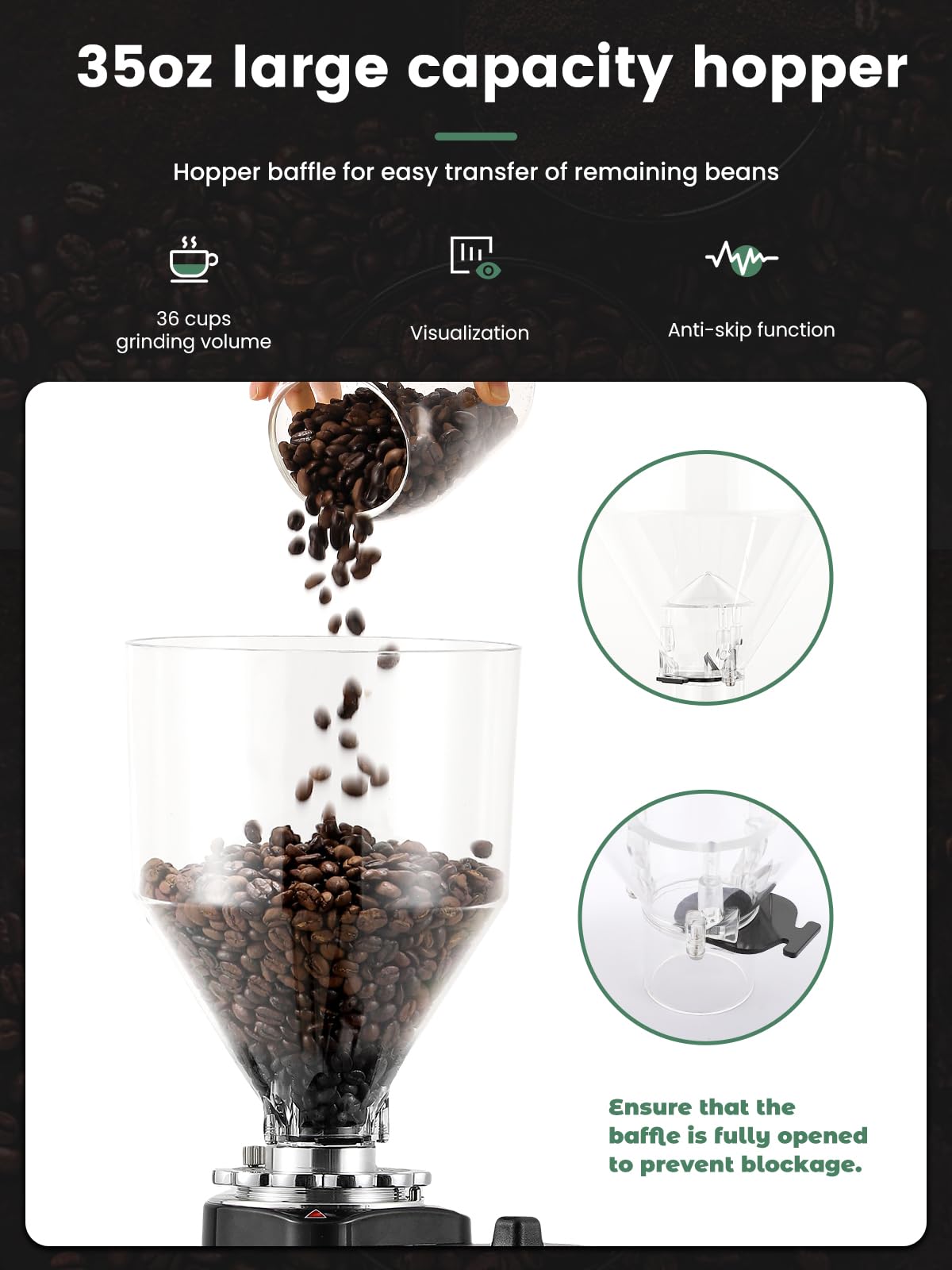Premium Huanyu Electric Flat Burr Coffee Grinder - 19 Adjustable Grind Settings, 35oz Large Capacity for Fresh Beans - Perfect for Home Baristas & Coffee Shops (Black) | Ideal for Espresso, French Press & Cold Brew Preparation