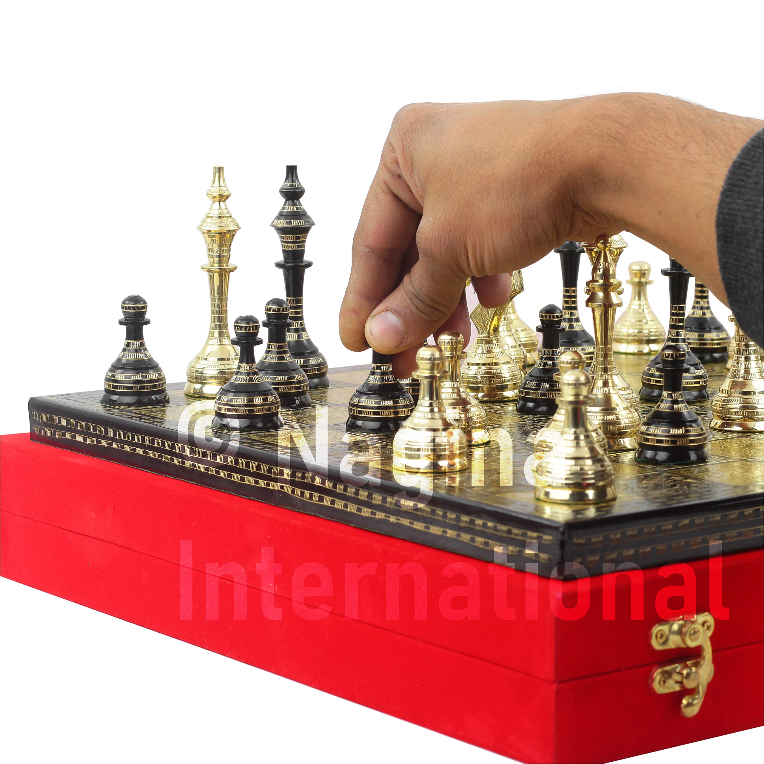 13 Inches Solid Brass Chess Set with Storage Case - Black & Gold Chess Board for Home Decor, Game Night, and Gifts