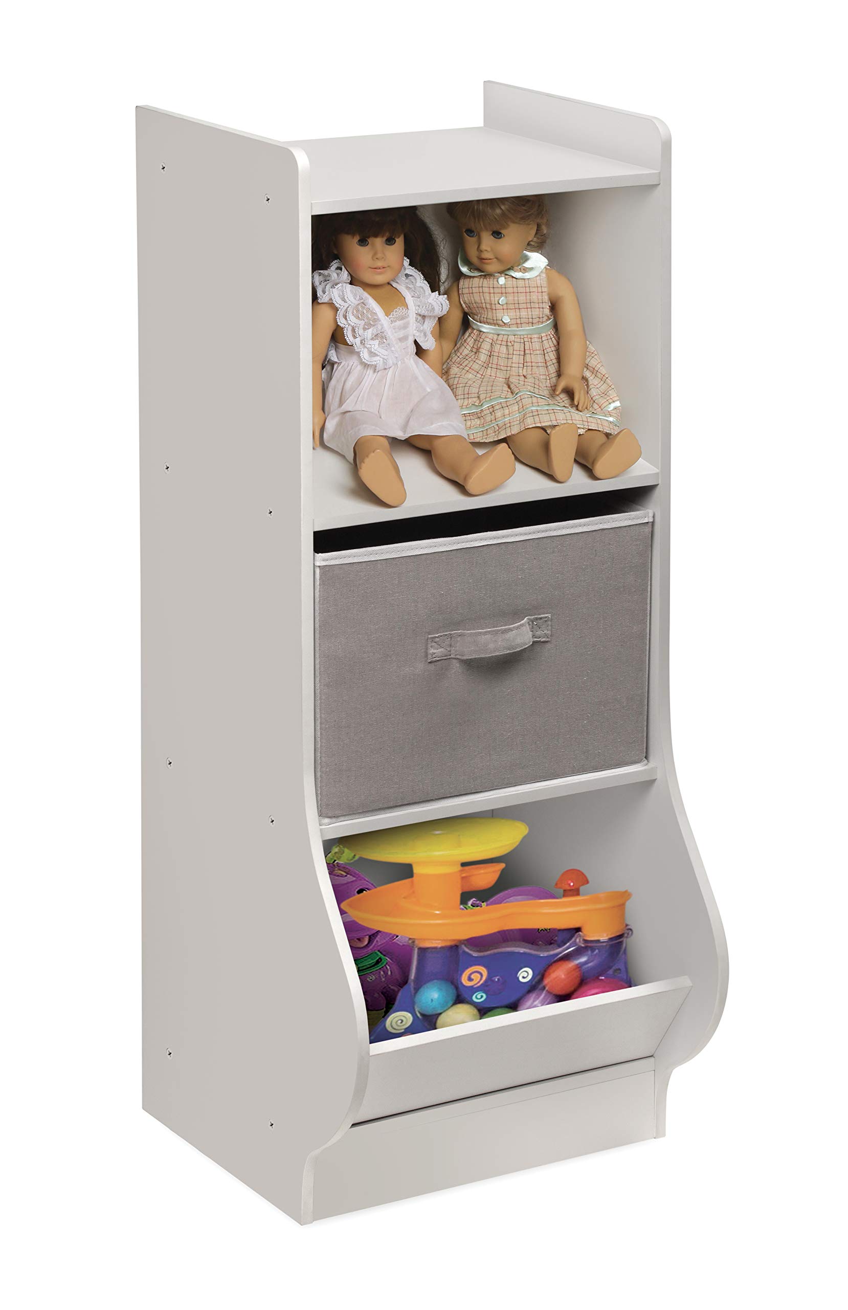 Badger Basket White Upright Storage Nook with Reversible Basket - Melamine Surface, 2 Shelves & Angled Bin - Customizable Kids Storage Organizer for Bedroom, Playroom & Nursery Organization