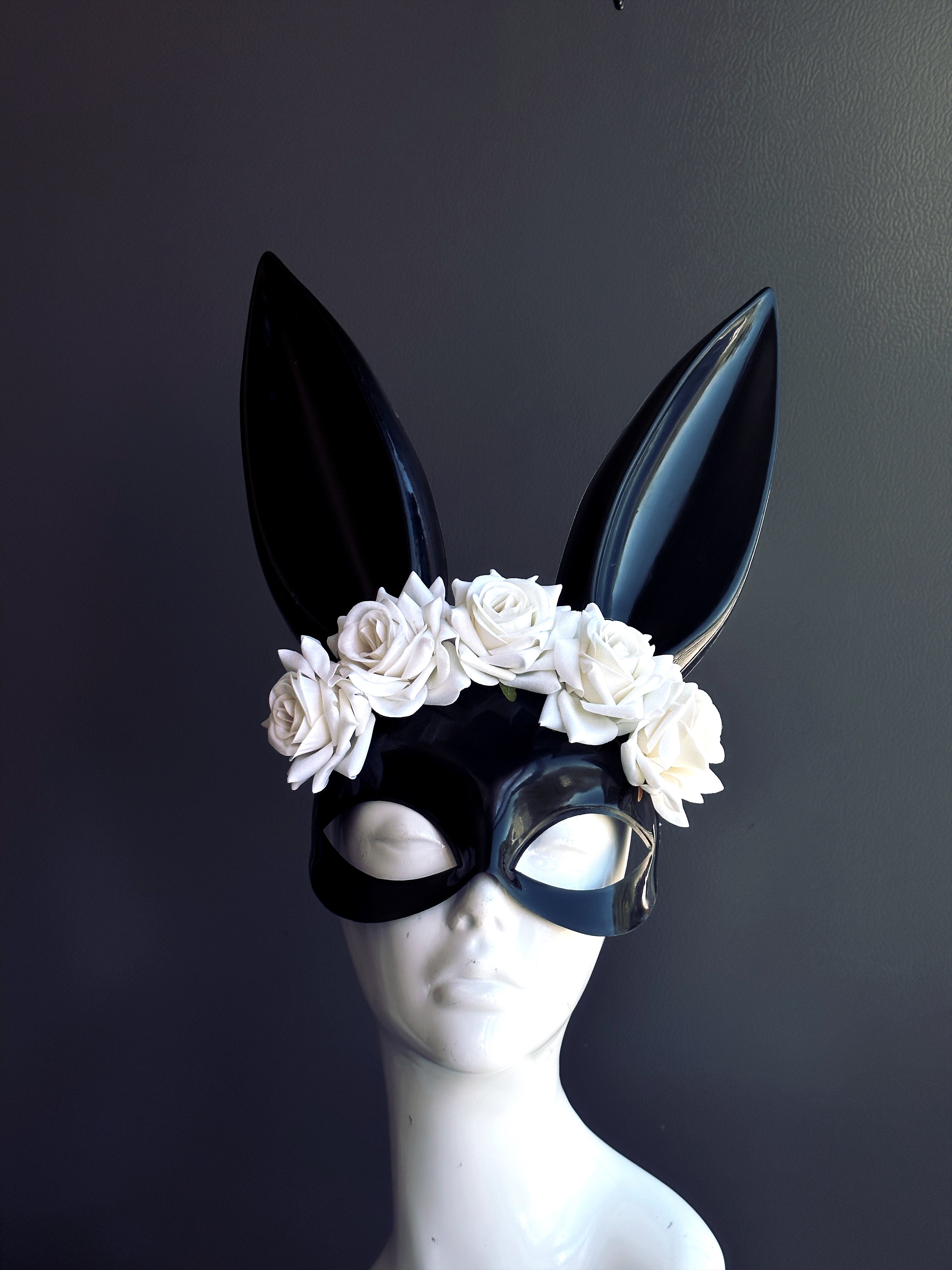 Elegant Bunny Mask with White Roses - Perfect for Easter, Cosplay, and Themed Parties