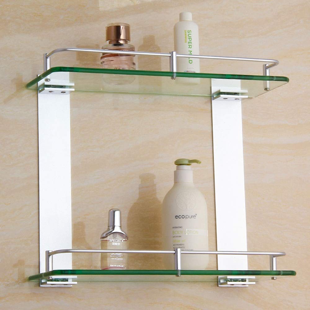 2-Tier Glass Bathroom Shelf - Wall Mount Storage for Shower & Bath Corner