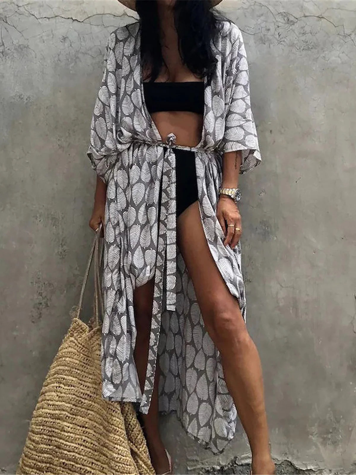 7 Colors Leaf Print Belted Half Sleeve Tunic Beach Cover Up Dress for Women - Perfect for Poolside, Vacation & Summer Outfits (Style V4511)