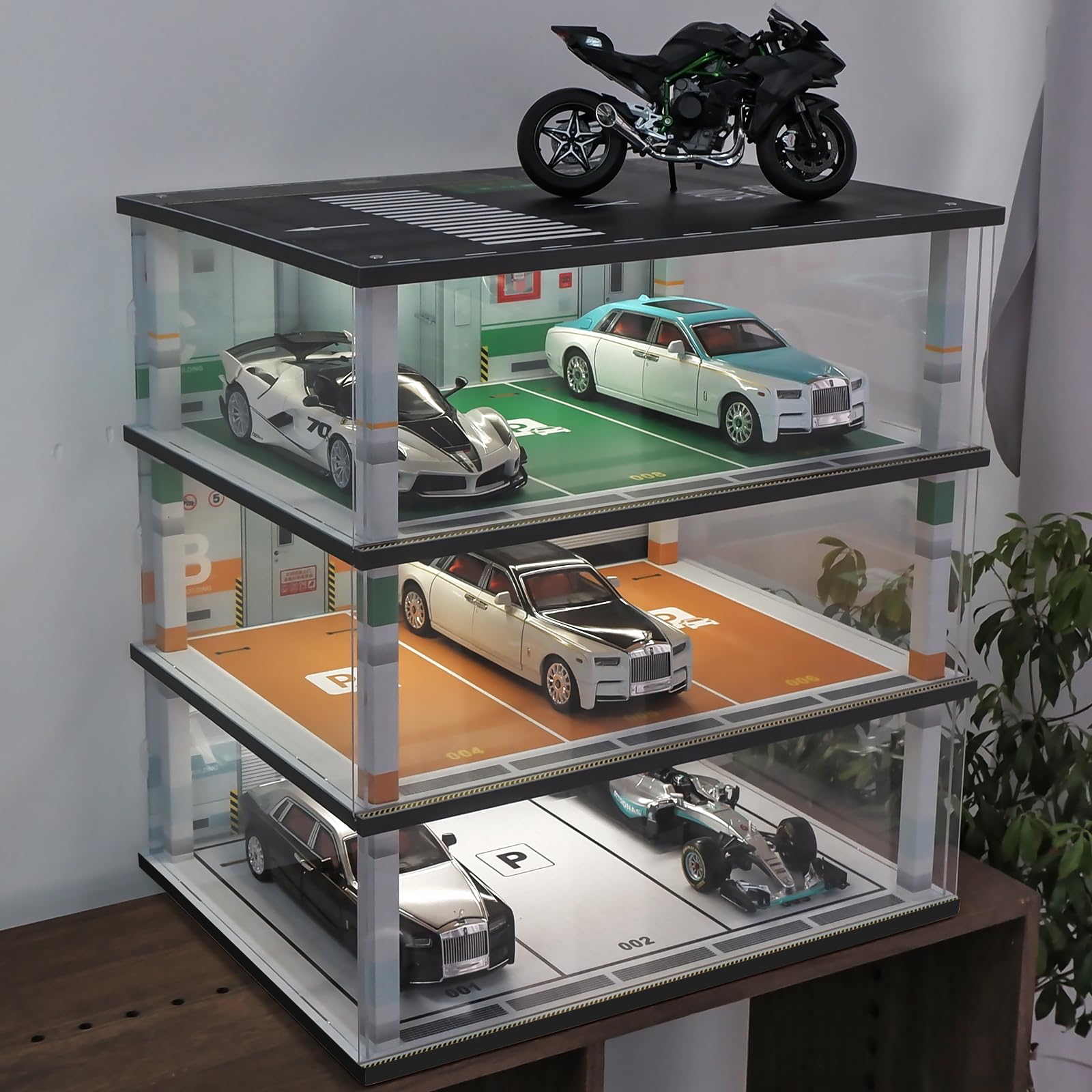 1:18 Scale Diecast Model Car Display Case with LED Lights - 3 Tier Wooden Storage Shelf for Lego, Alloy Car Collectibles & Diorama Garage - Perfect for Showcasing 9 Vehicles in Home, Office or Retail Store Displays