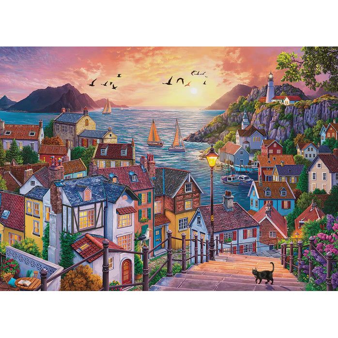 Coastal Town at Sunset Pz1000 - Stunning Beach Landscape Wall Art Print for Home & Office Decor | Perfect for Living Room, Bedroom, or Coastal-Themed Interior Design