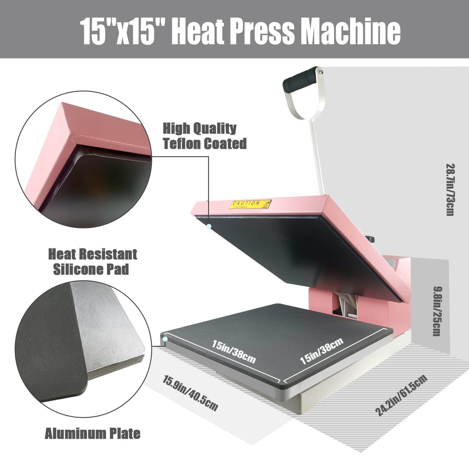 BetterSub 15x15 Inch Digital Heat Press Machine for T-Shirts - Industrial Quality Clamshell Sublimation Transfer Press (Pink) - Perfect for DIY Apparel, Custom T-Shirt Printing & Small Business Use