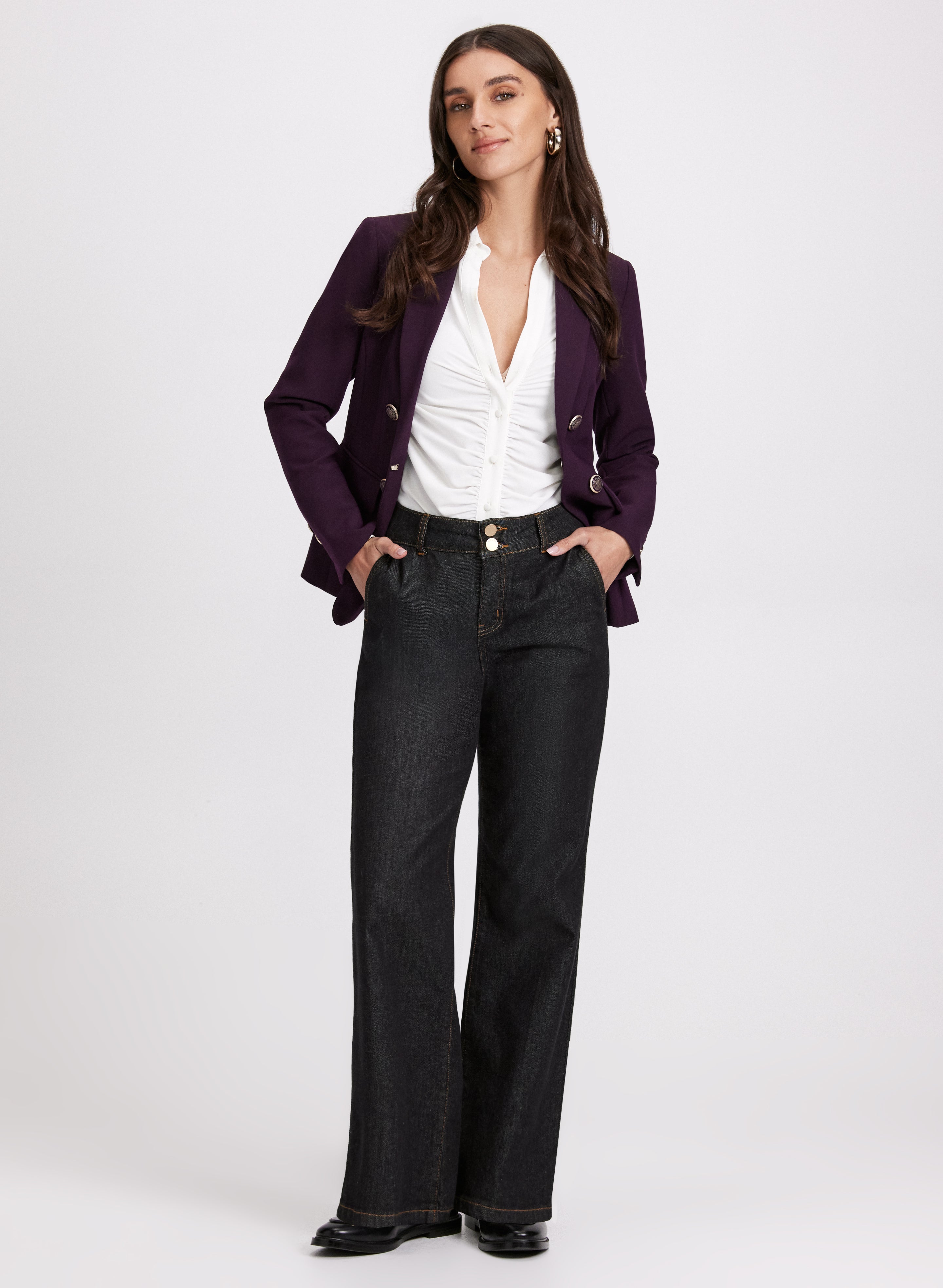 Stylish Decorative Button Jacket & Flare Leg Jeans for Women - Trendy Outfit for Casual Wear, Date Night & Office Fashion