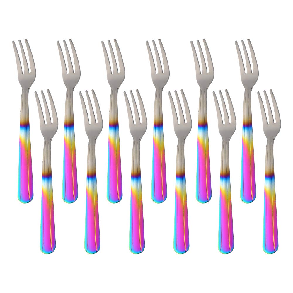 QIBOMOON 12-Piece Stainless Steel Oyster Fork Set - 5.6 Inch Rainbow Gradient Cake Forks, Silverware for Parties & Fine Dining | Perfect for Seafood, Desserts & Elegant Table Settings