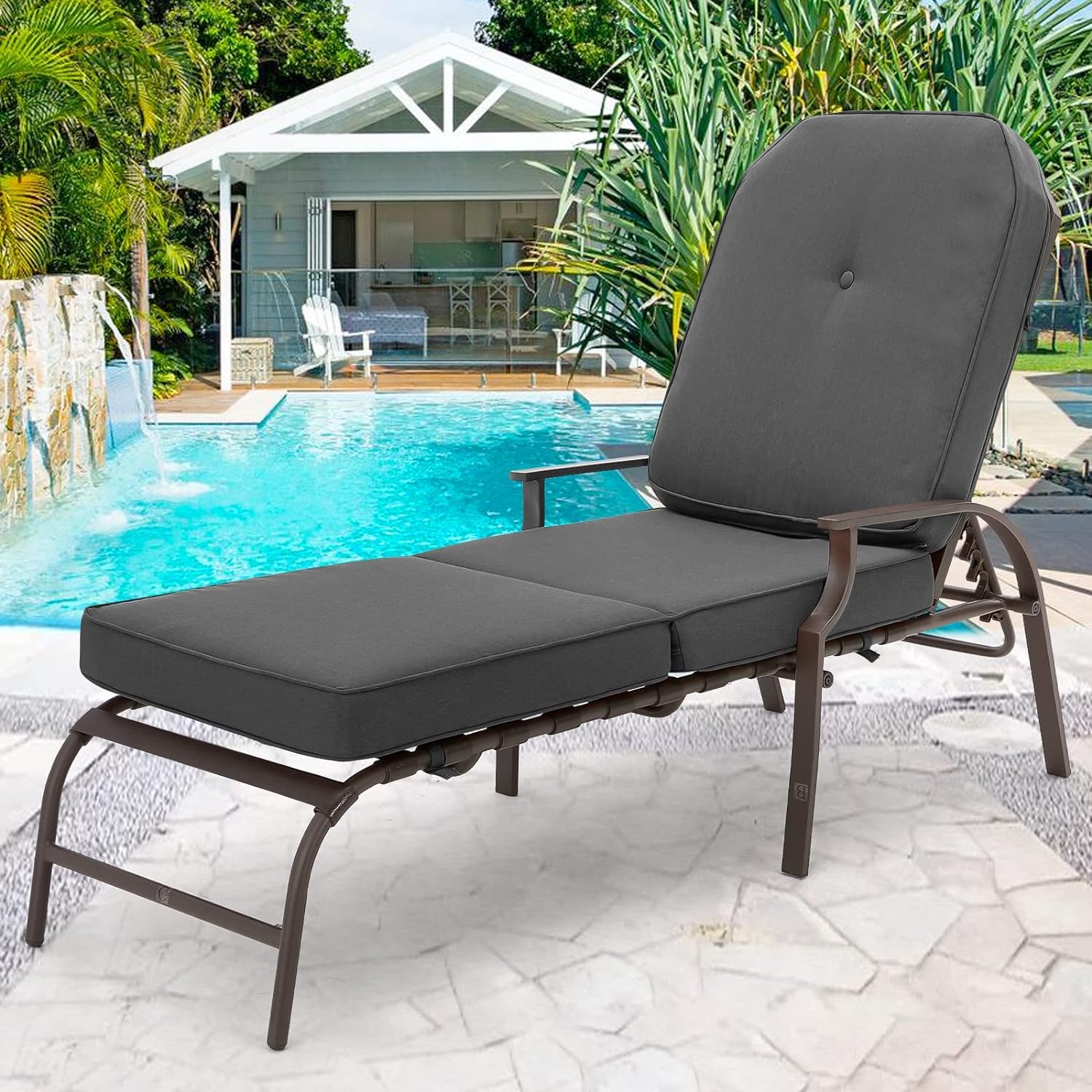 U-MAX Adjustable Outdoor Chaise Lounge Chair Set of 2 - Patio Recliner with Armrest & Cushion - Waterproof Grey Poolside Furniture for Backyard, Deck, Beach & Garden Relaxation