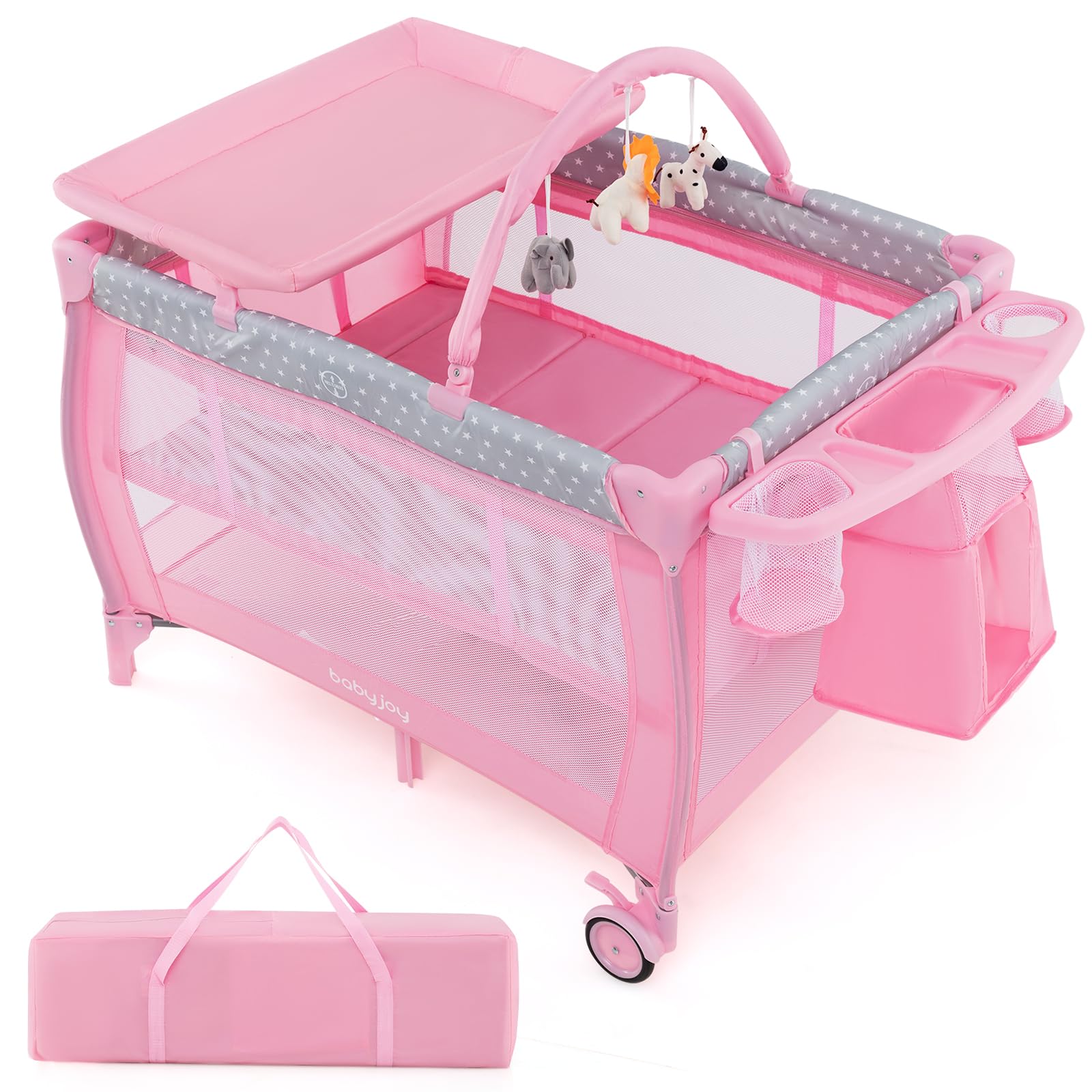 **BABY JOY 3-in-1 Portable Pack and Play with Bassinet & Changing Table - Convertible Travel Crib Playard with Brake Wheels, Newborn Napper & Large Storage Shelf - Includes Oxford Carry Bag - Perfect for Nursery, Travel & On-the-Go Parenting**