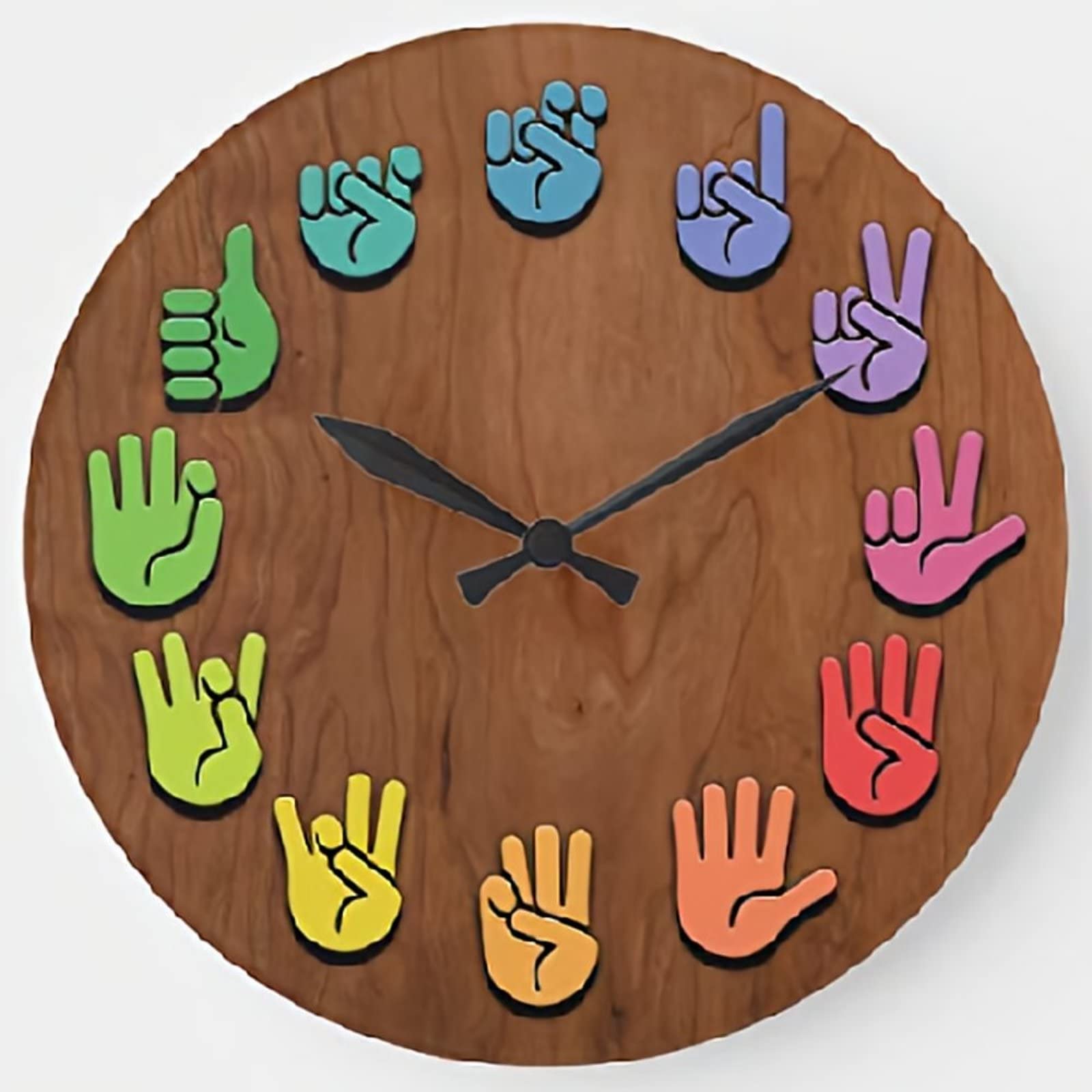 Woodgrain Kids Wall Clock - 12 Inch Silent Non-Ticking Battery Operated Round Wooden Clock with Finger Counting Design - Perfect for Bedroom, Nursery & Classroom Decor