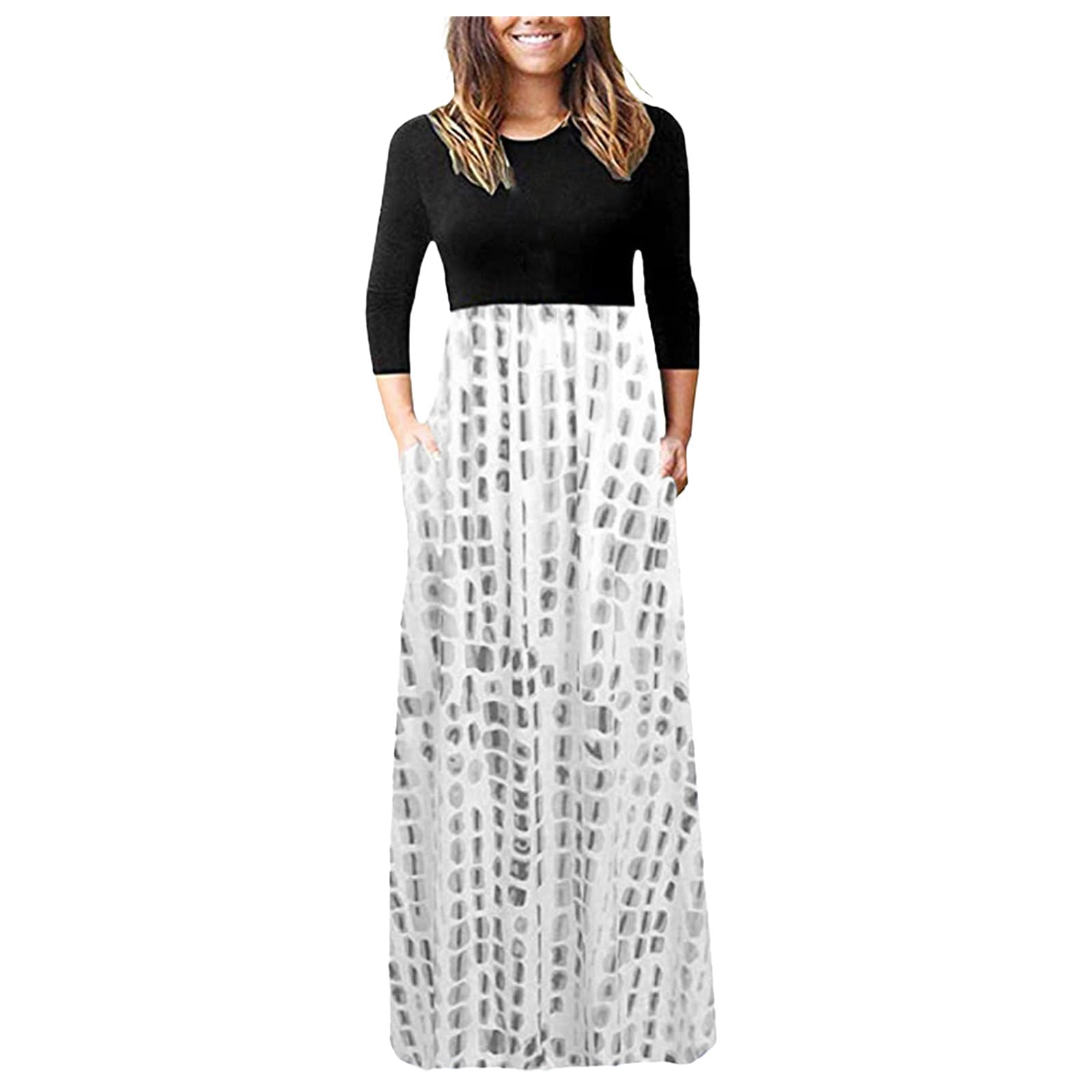 Women's Long Sleeve Round Neck Casual Maxi Dress with Pockets - Flattering A-Line Design for Everyday Wear (Black/Grey, Plus Size XXXL) | Perfect for Office, Date Night & Fall Outfits