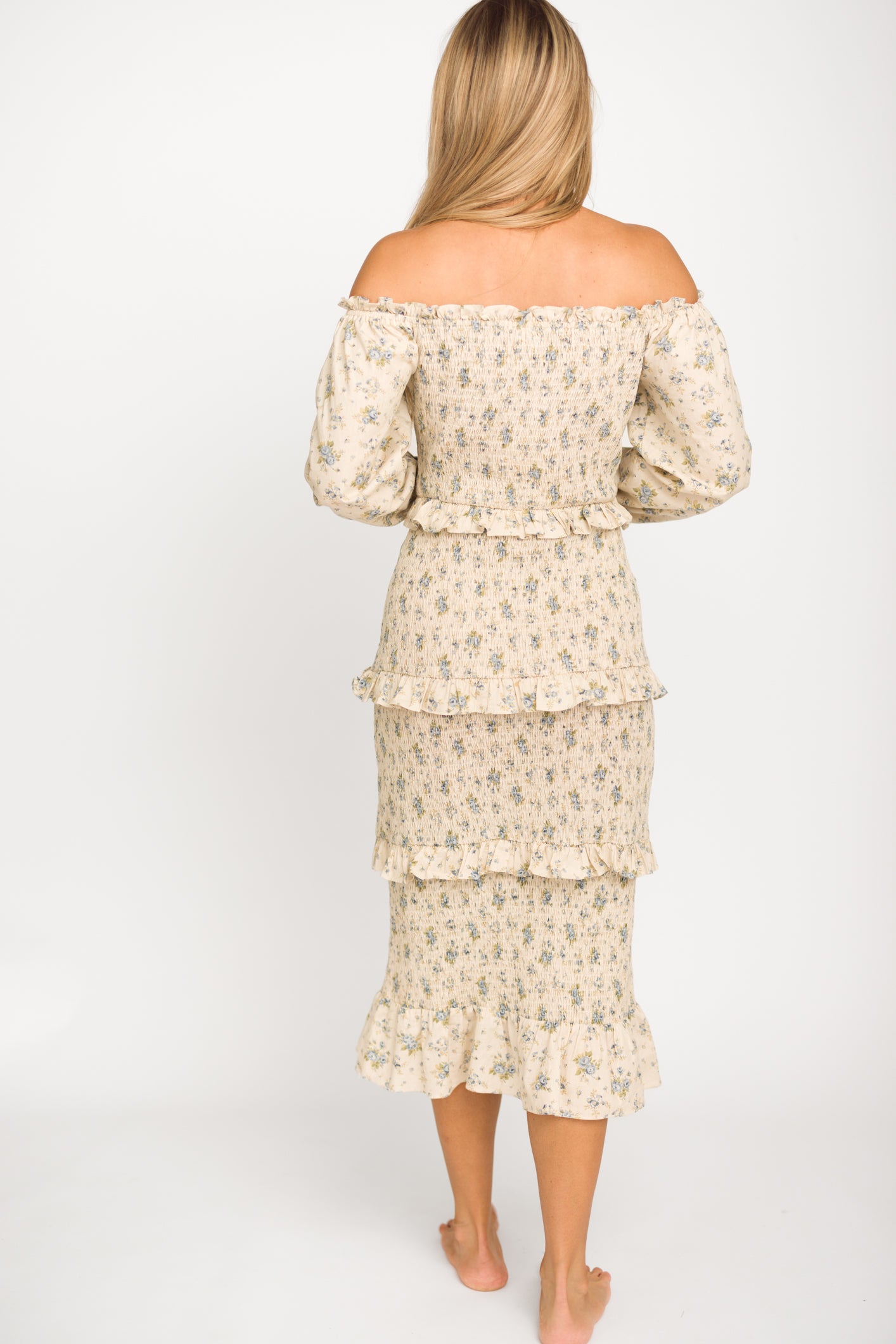 Lila Floral Printed Smocked Midi Dress in Blue - Bump Friendly Maternity Dress for Pregnancy, Nursing & Postpartum | Perfect for Baby Showers, Brunch Dates & Summer Outfits