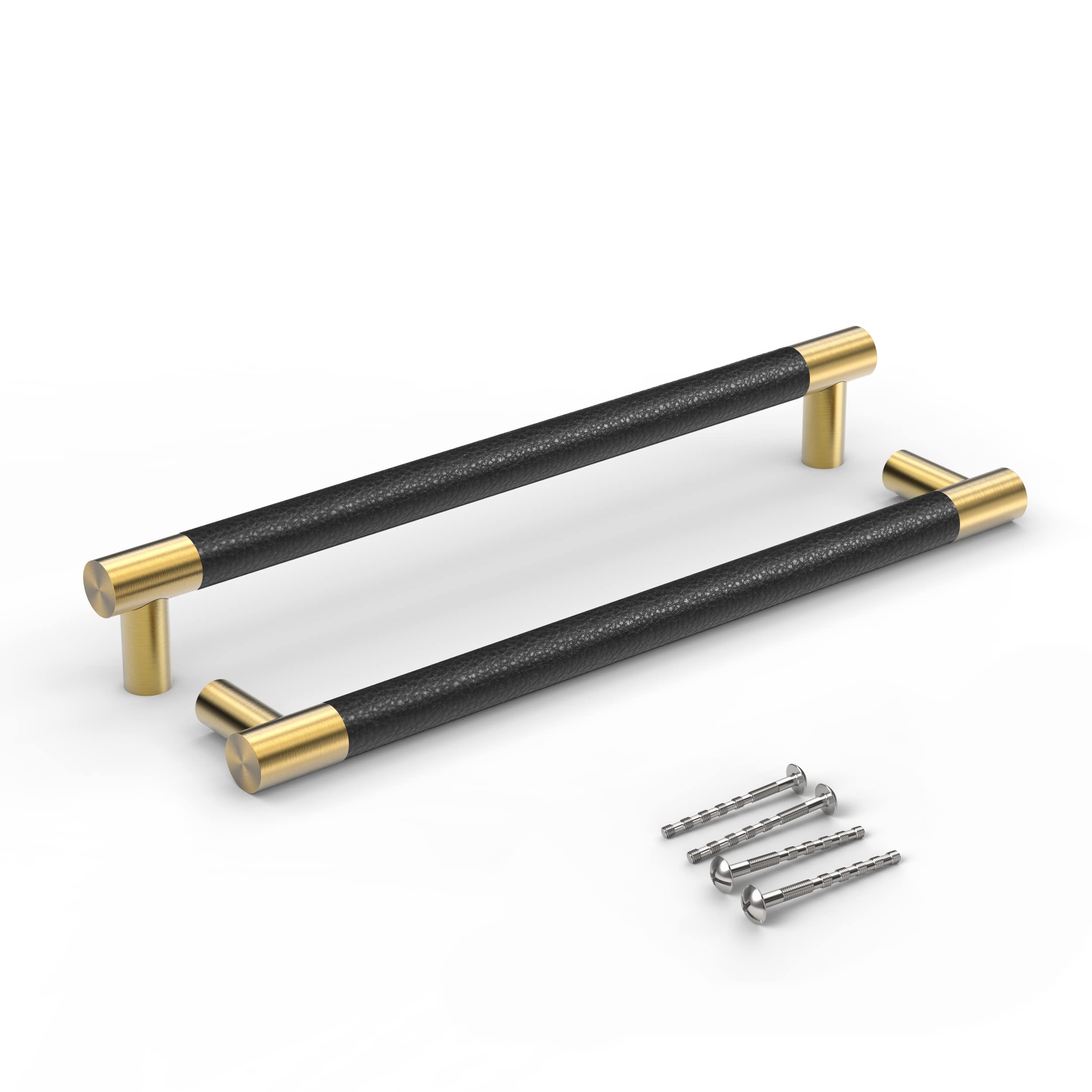 Brushed Satin Gold/Brass Cabinet Handles with Black Leather Upholstery - 9.7