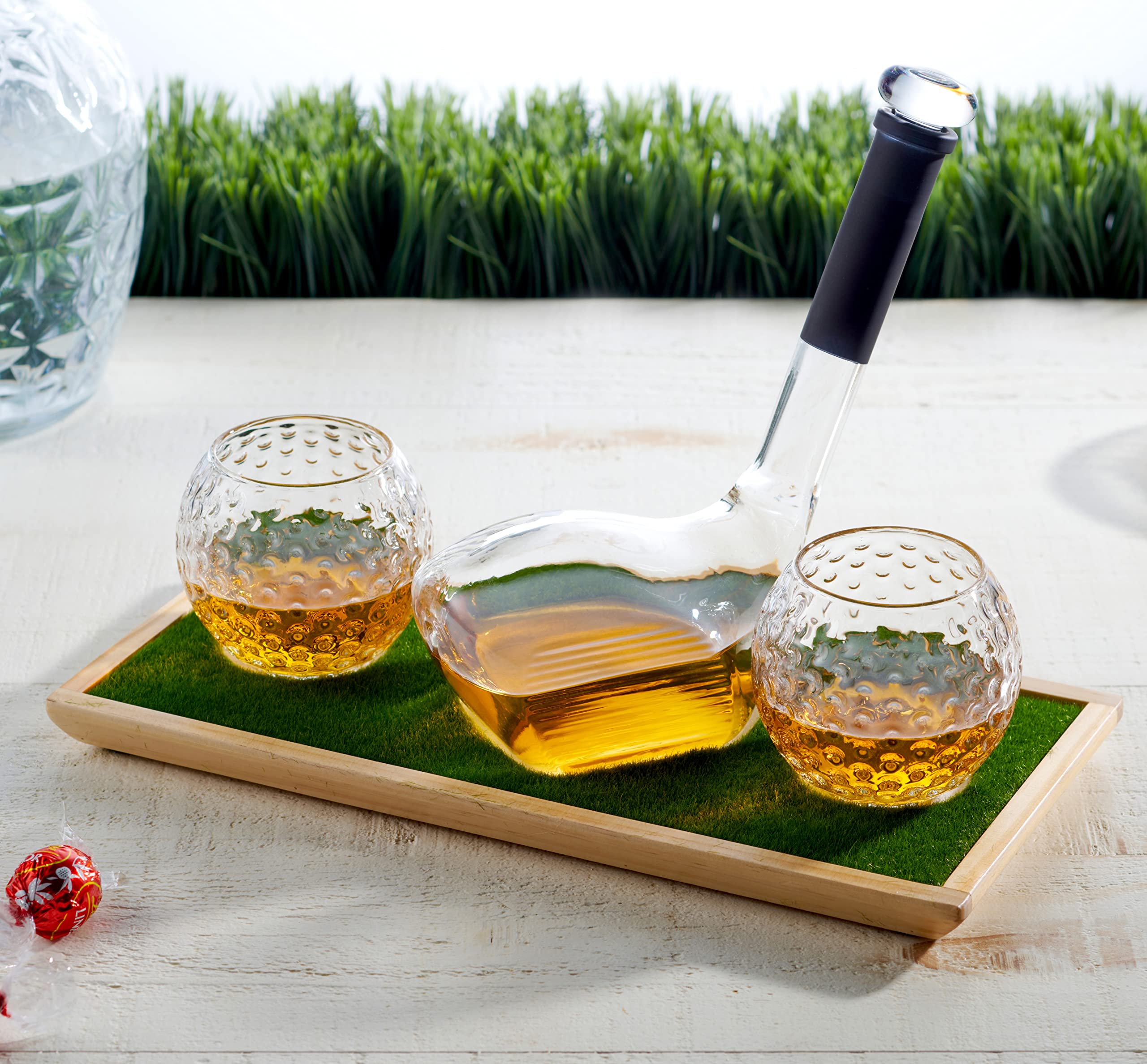 Godinger Whiskey Decanter Set with Golf Club Design & 2 Golf Ball Whiskey Glasses - Premium Liquor Decanter Gift for Men - Perfect for Golf Lovers, Home Bars & Special Occasions
