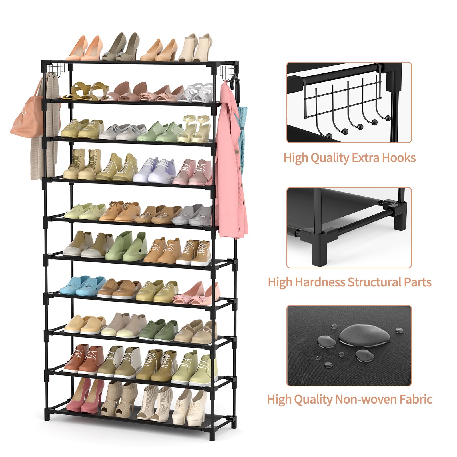 10-Tier Metal Shoe Rack Organizer - Holds 50 Pairs, Space-Saving Sturdy Shoe Storage with Hooks for Closet, Entryway & Bedroom - Perfect for Organizing Sneakers, Boots & Heels (Black)