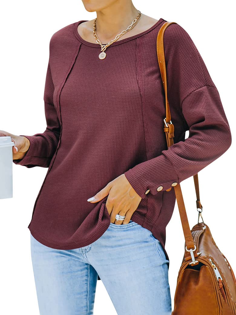 WLLW Women's Long Sleeve Waffle Knit Top - Crew Neck Drop Shoulder Pullover Sweater for Casual Wear, Fall Outfits & Layering Fashion
