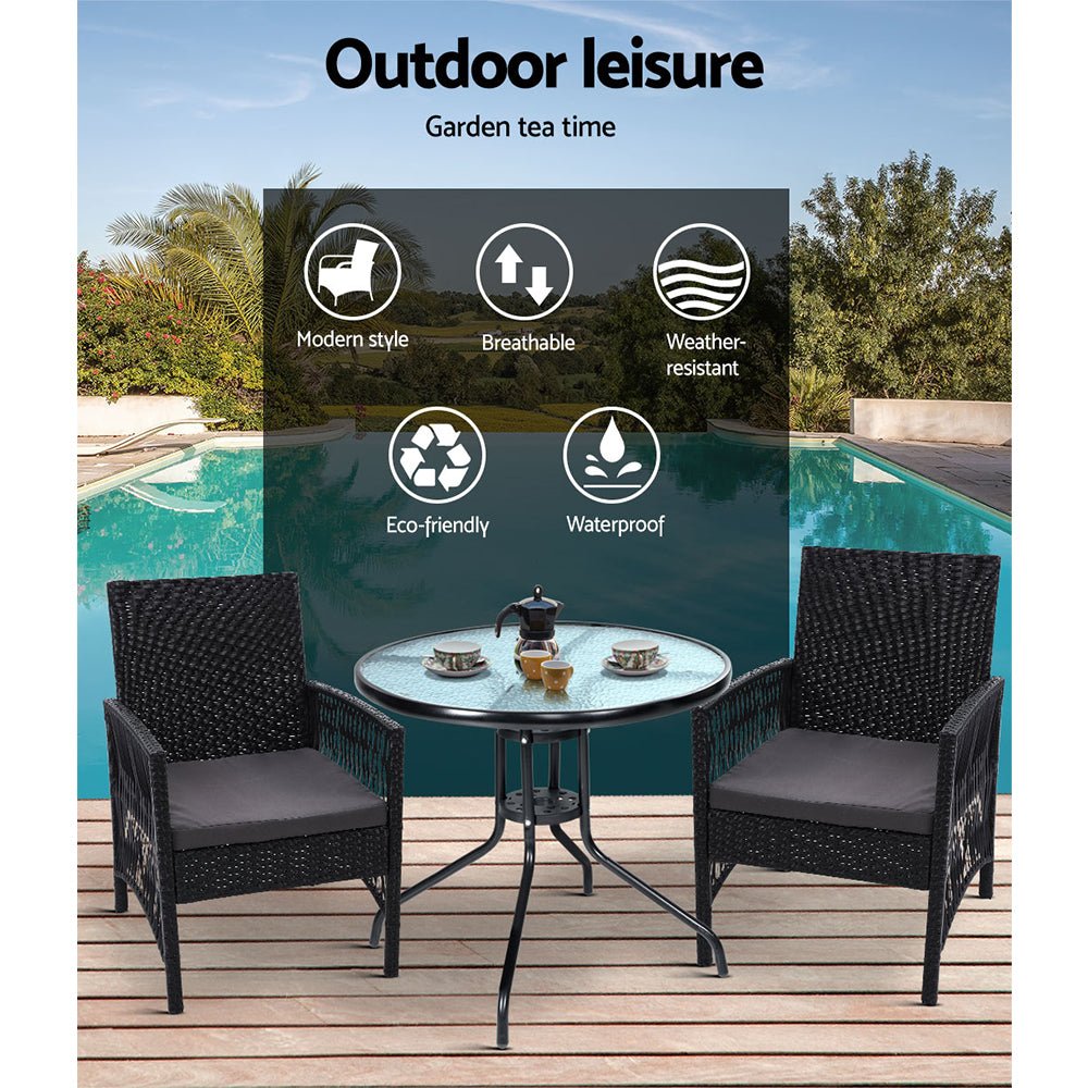 3-Piece Bistro Set Outdoor Patio Furniture - Rattan Table & Chairs with Cushions for Garden, Balcony, Backyard Dining & Relaxation