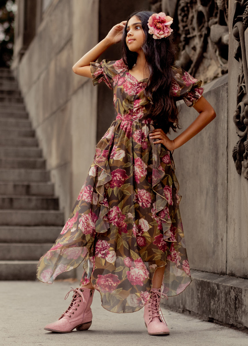 Kayden Floral Print Dress in Bistre - Elegant Women's Summer Dress for Casual Outings & Special Occasions