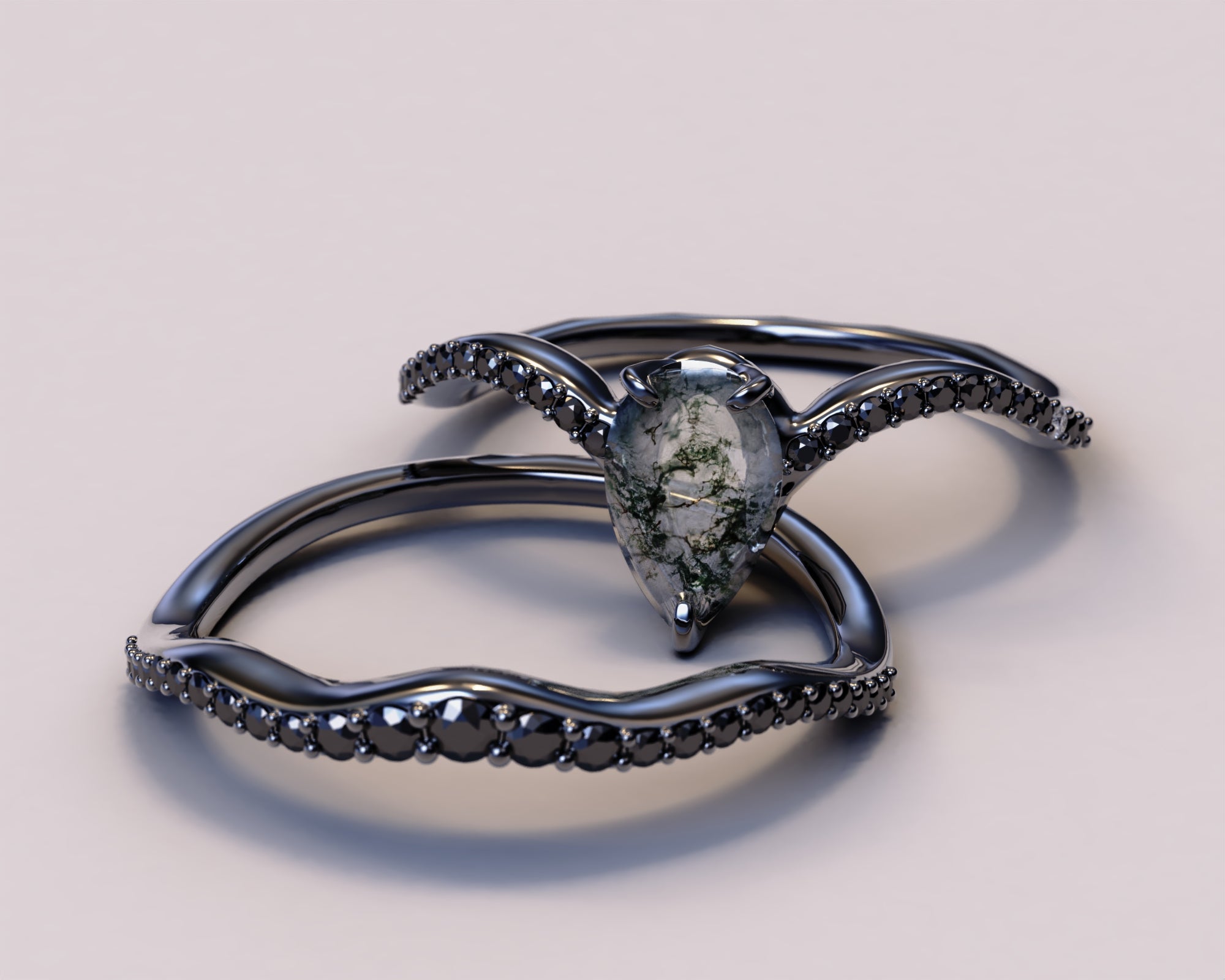 Art Deco Style Moss Agate Teardrop Ring with Black Diamonds - Elegant Vintage Jewelry for Women, Perfect for Weddings, Parties & Special Occasions
