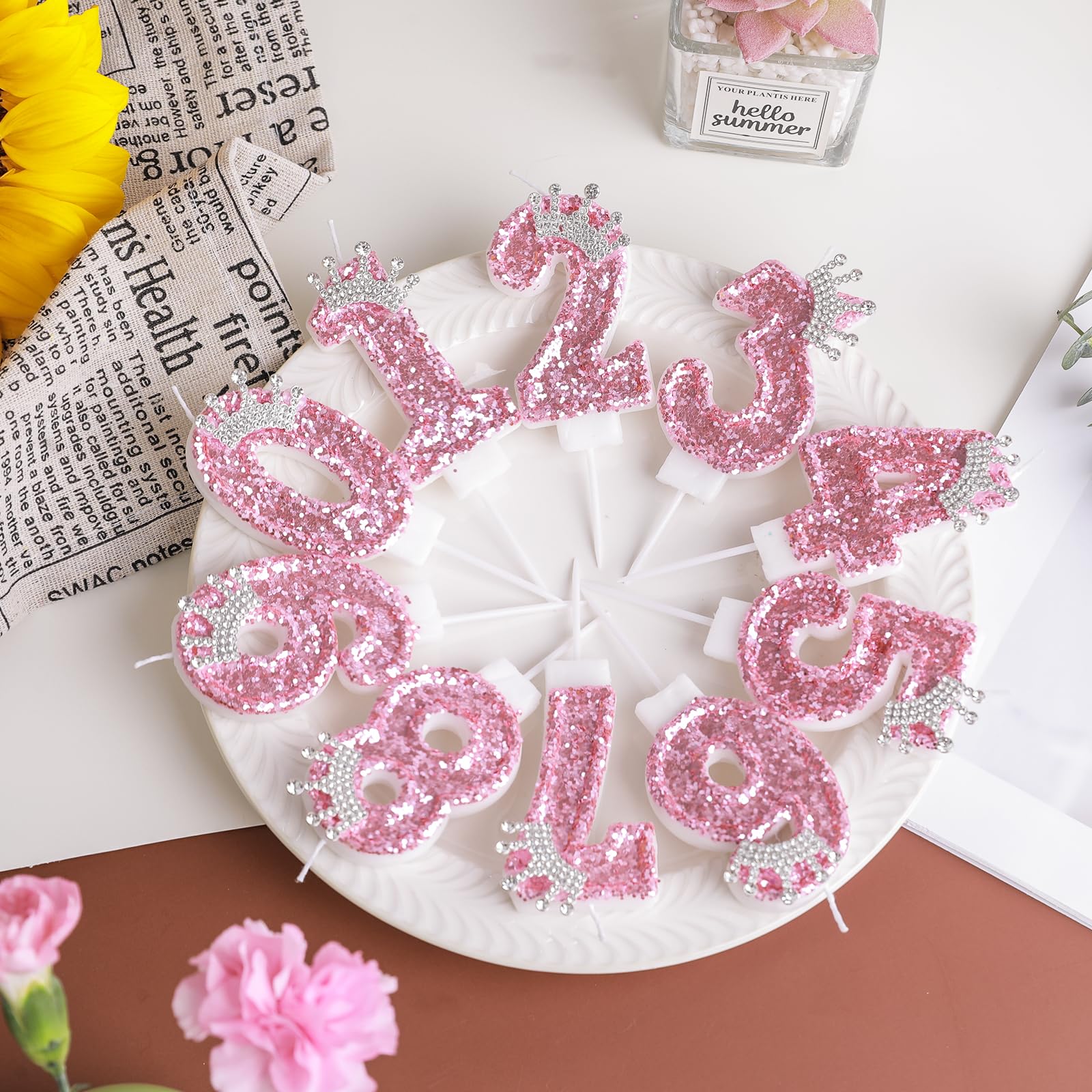 Pink Crown Number 5 Candle - Glitter Cake Topper for Birthday & Anniversary Celebrations