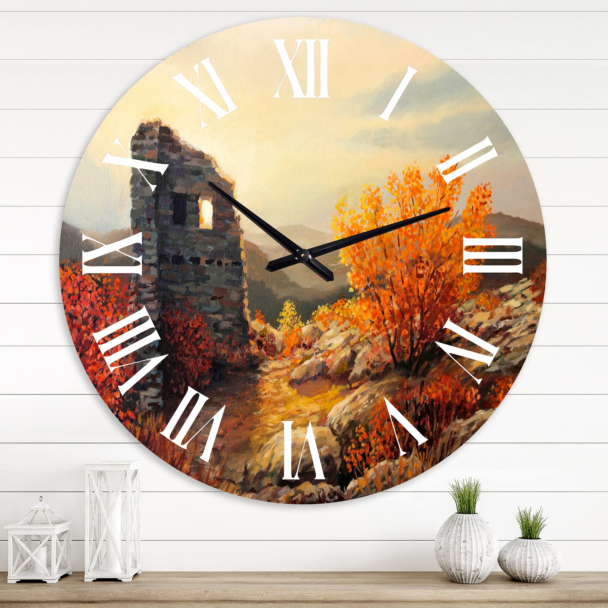 Farmhouse Wall Clock - 'Old Fortress Ruins During Sunset' Landscape Decor | Large Rustic Wall Clock for Living Room, Bedroom & Office | Perfect for Home, Cabin & Farmhouse Décor