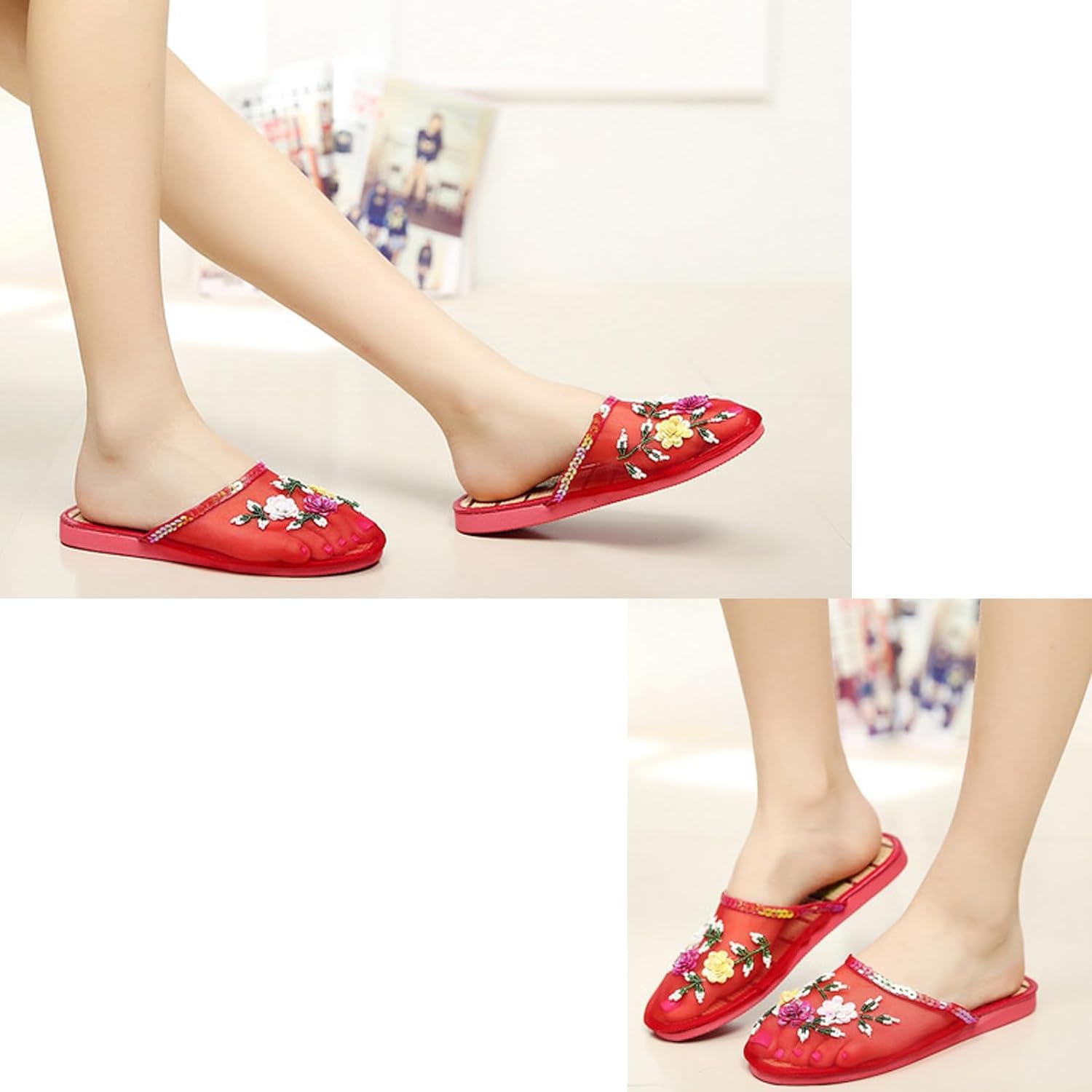 Comfortable Chinese Mesh Bamboo Flats Slippers for Women - Breathable Summer House Shoes for Indoor/Outdoor Use, Spa, Yoga & Relaxation at Home