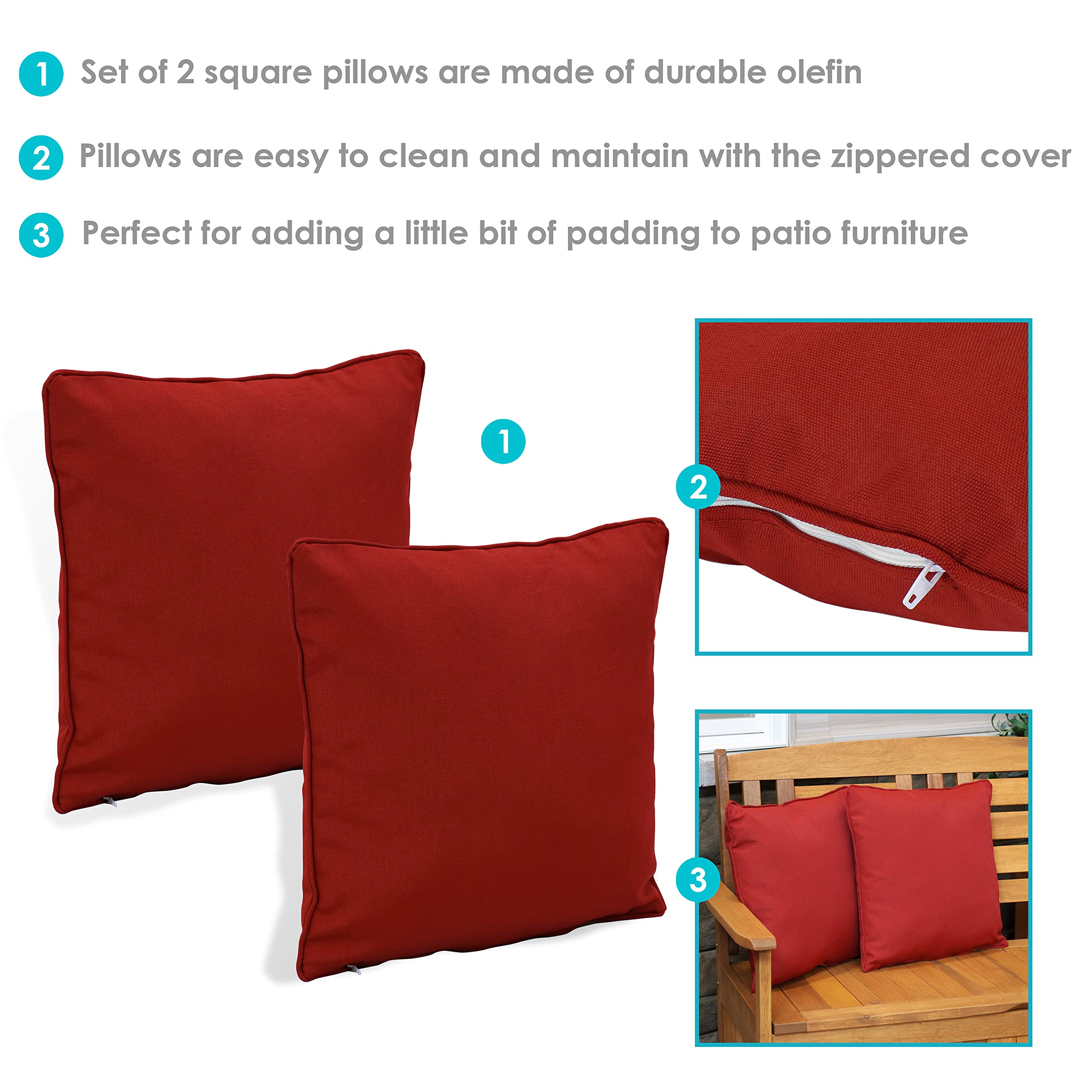 16-Inch Square Outdoor Olefin Throw Pillows Set of 2 - Red Decorative Cushions for Patio, Deck, Poolside & Indoor Use - Weather-Resistant & UV-Protected
