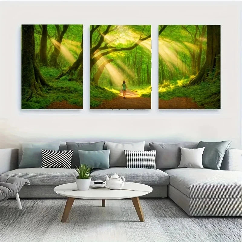 3-Piece Forest Path Walking Metal Wall Art - Ready to Hang Nature Prints for Living Room, Bedroom & Office Decor