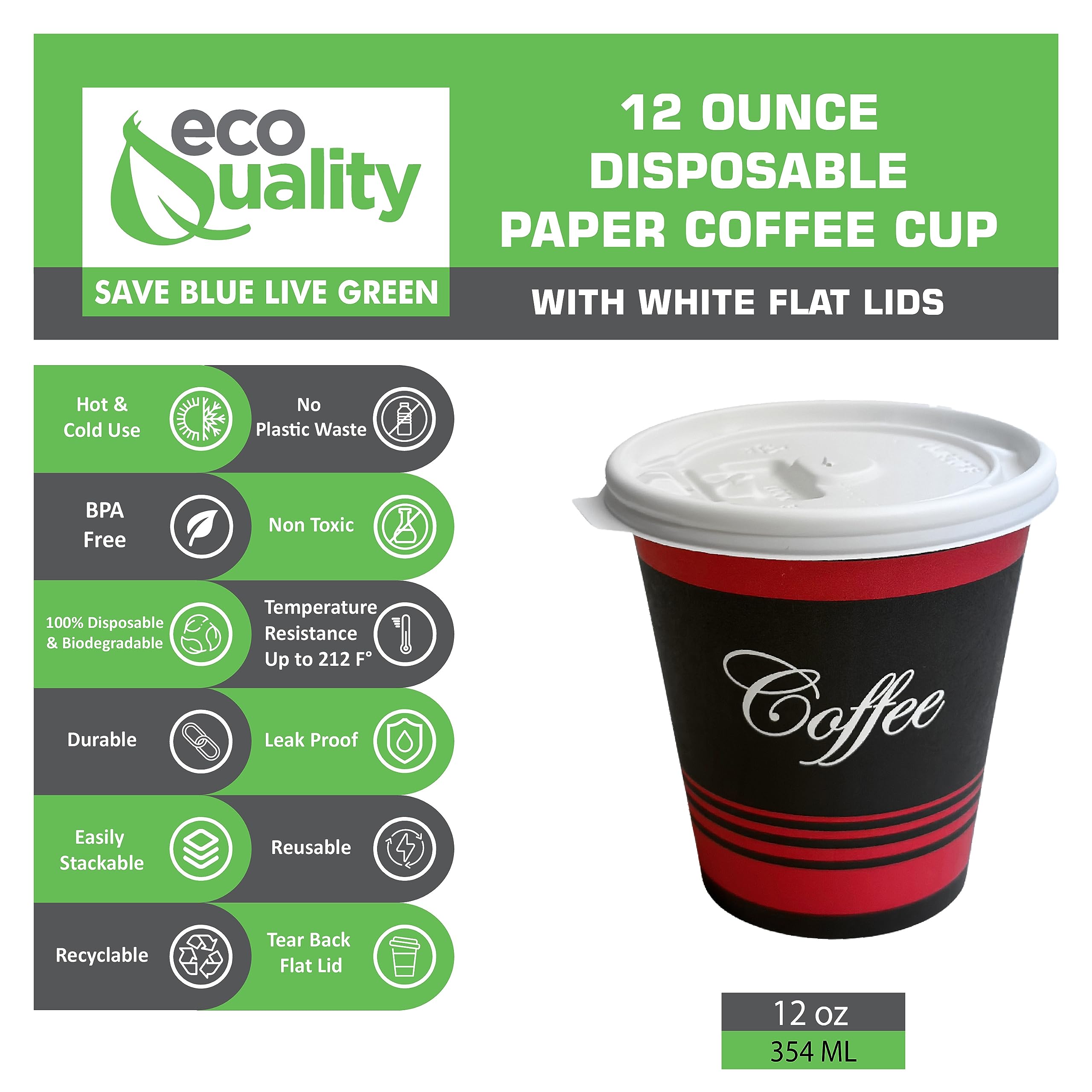 EcoQuality 12 Oz Disposable Paper Coffee Cups with White Lids - 1000 Count, Restaurant Grade Hot & Cold Drink Cups for Tea, Soda, Coffee Shops, Cafes, Concession Stands - Perfect for Takeout, Office Break Rooms, and Catering Events