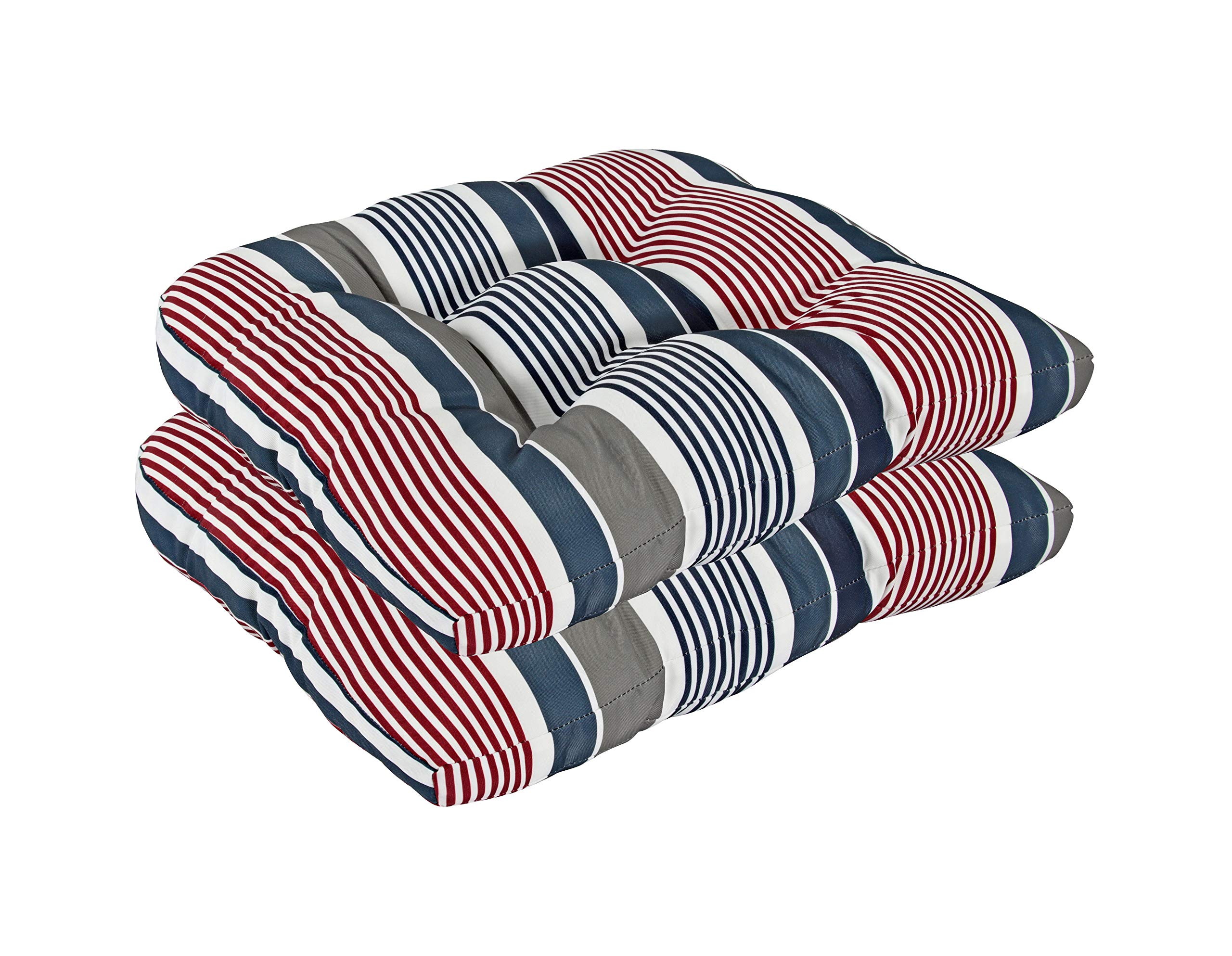 Bossima Outdoor Patio Tufted Seat Cushion Set of 2 - Waterproof Furniture Chair Pads for Garden, Deck, Poolside - Navy Grey White Red Stripe Design