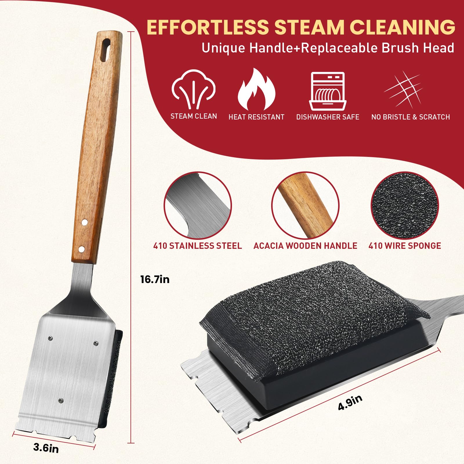 Stainless Steel BBQ Grill Brush with Wooden Handle - Bristle-Free Grill Cleaner with Replacement Head & Scraper for Outdoor Gas, Charcoal Grills - Perfect for Backyard Cookouts, Camping & Picnics