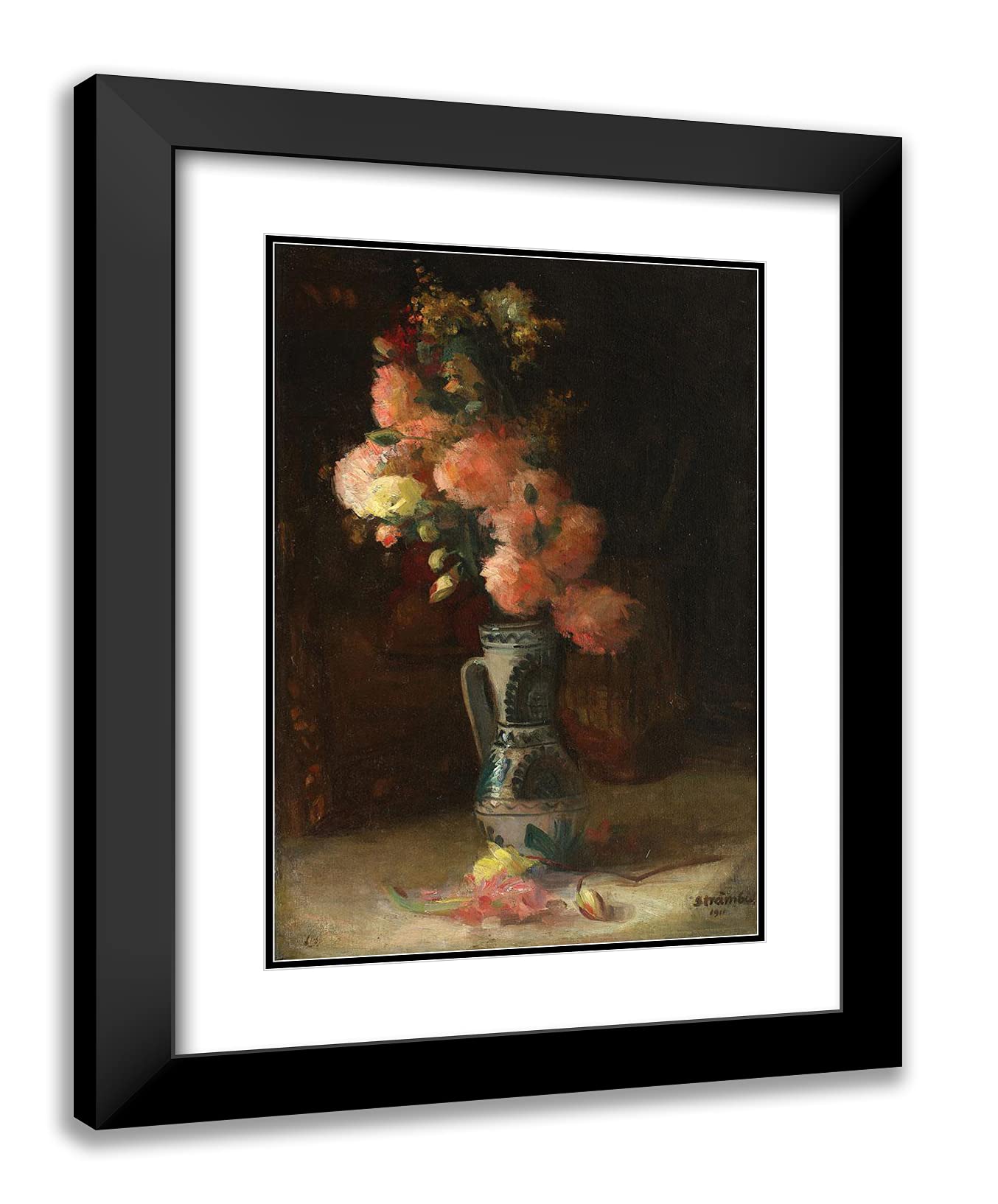 19x24 Black Modern Framed Art Print - Vase with Roses and Chrysanthemums by ArtDirect Strambu | Double Matting Wall Decor | Perfect for Living Room, Bedroom & Office Decor