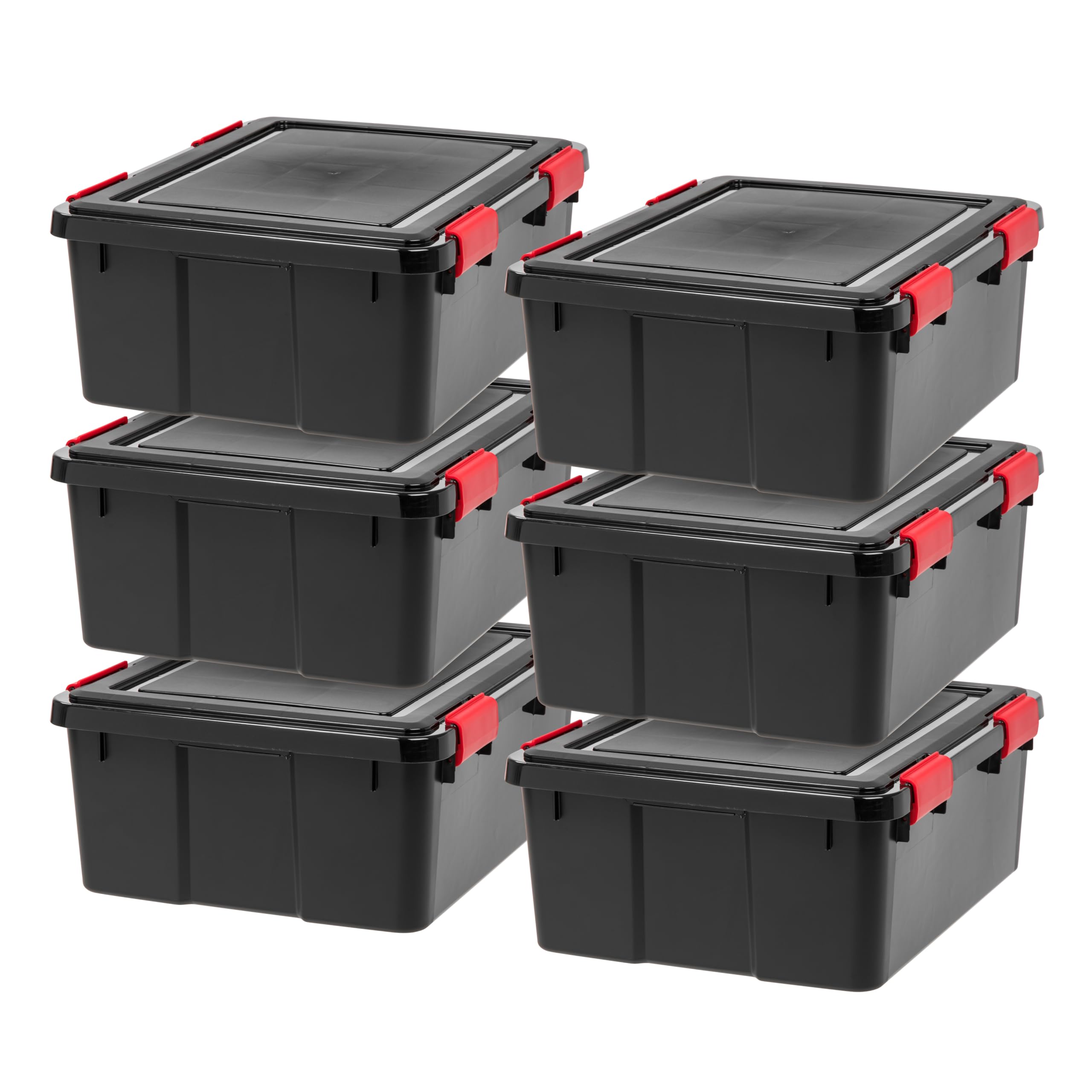 IRIS USA WeatherPro 31 Qt Storage Bins with Lids - 6 Pack BPA-Free Plastic Gasket Box with Tight Latch Seal, Stackable Nestable Tote Tub for Home Organization (Black/Red) - Perfect for Pantry, Garage, Closet & Office Storage