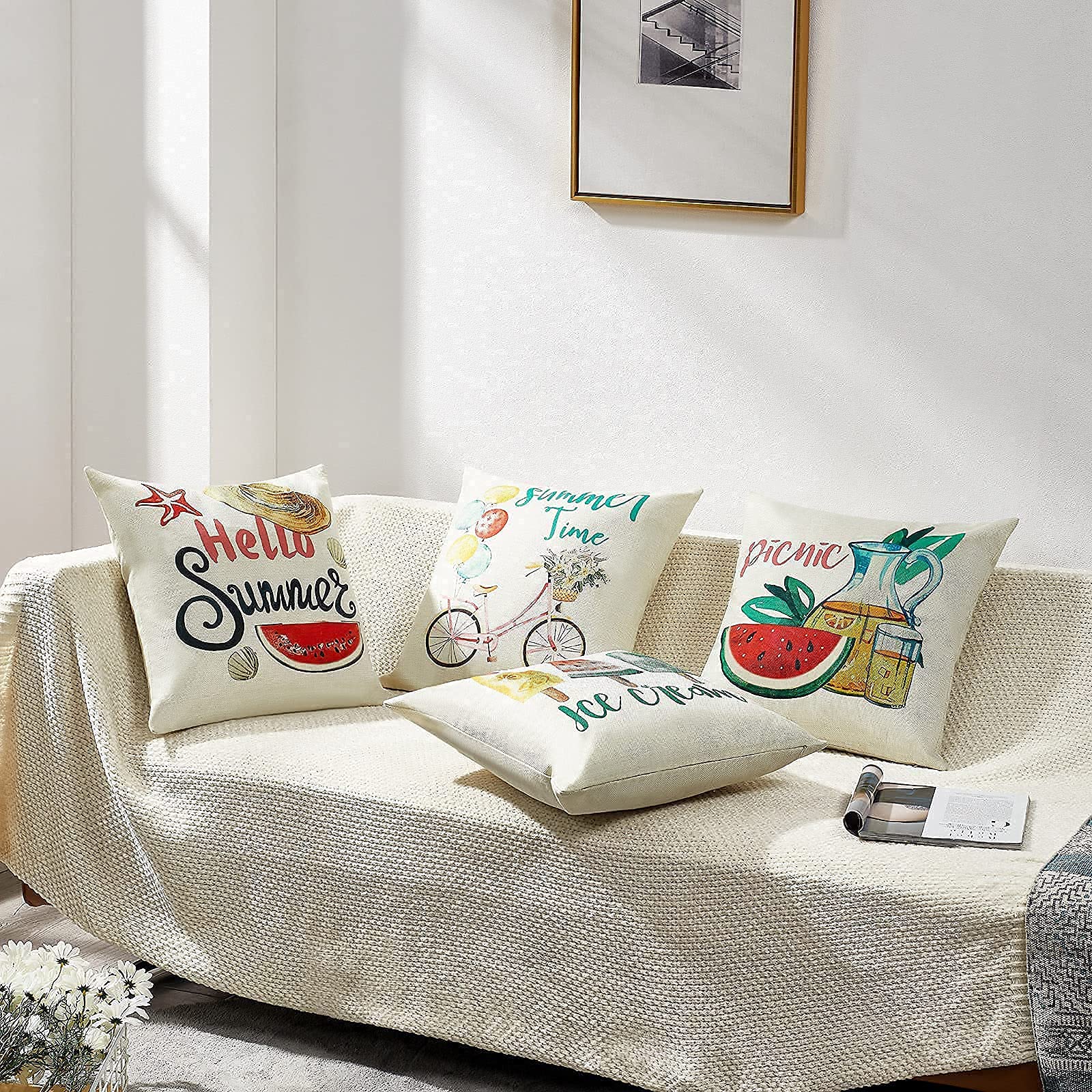 16x16 Summer Pillow Covers Set of 4 - Farmhouse & Boho Decorative Cushion Cases for Sofa, Couch, Bedroom - Perfect for Home Decor, Living Room Accents & Seasonal Styling