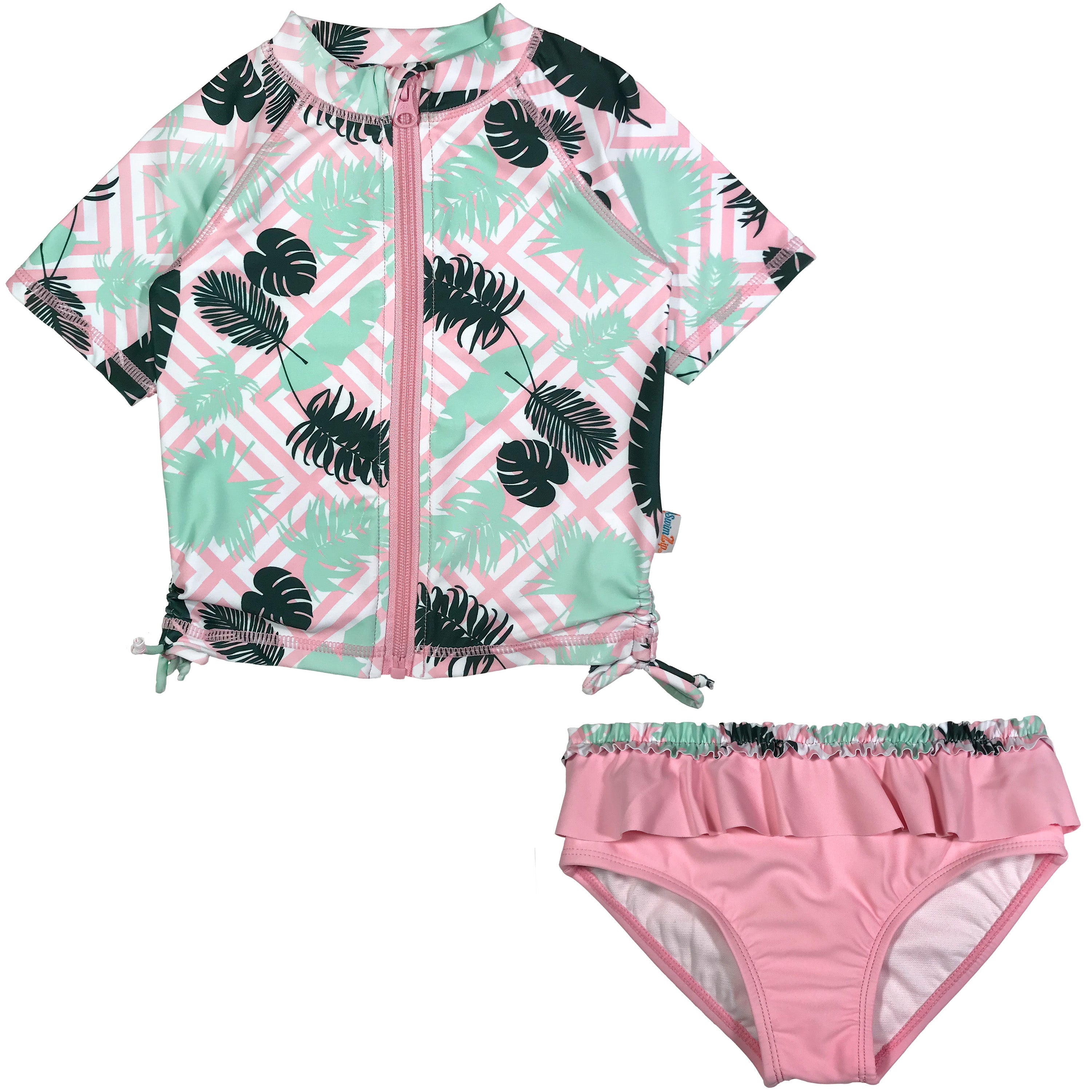 Girls Short Sleeve Rash Guard Swimsuit Set 2-Piece - UPF 50+ Sun Protection Swimwear for Toddler & Kids - Palm Breeze Print - Perfect for Beach, Pool & Summer Water Activities
