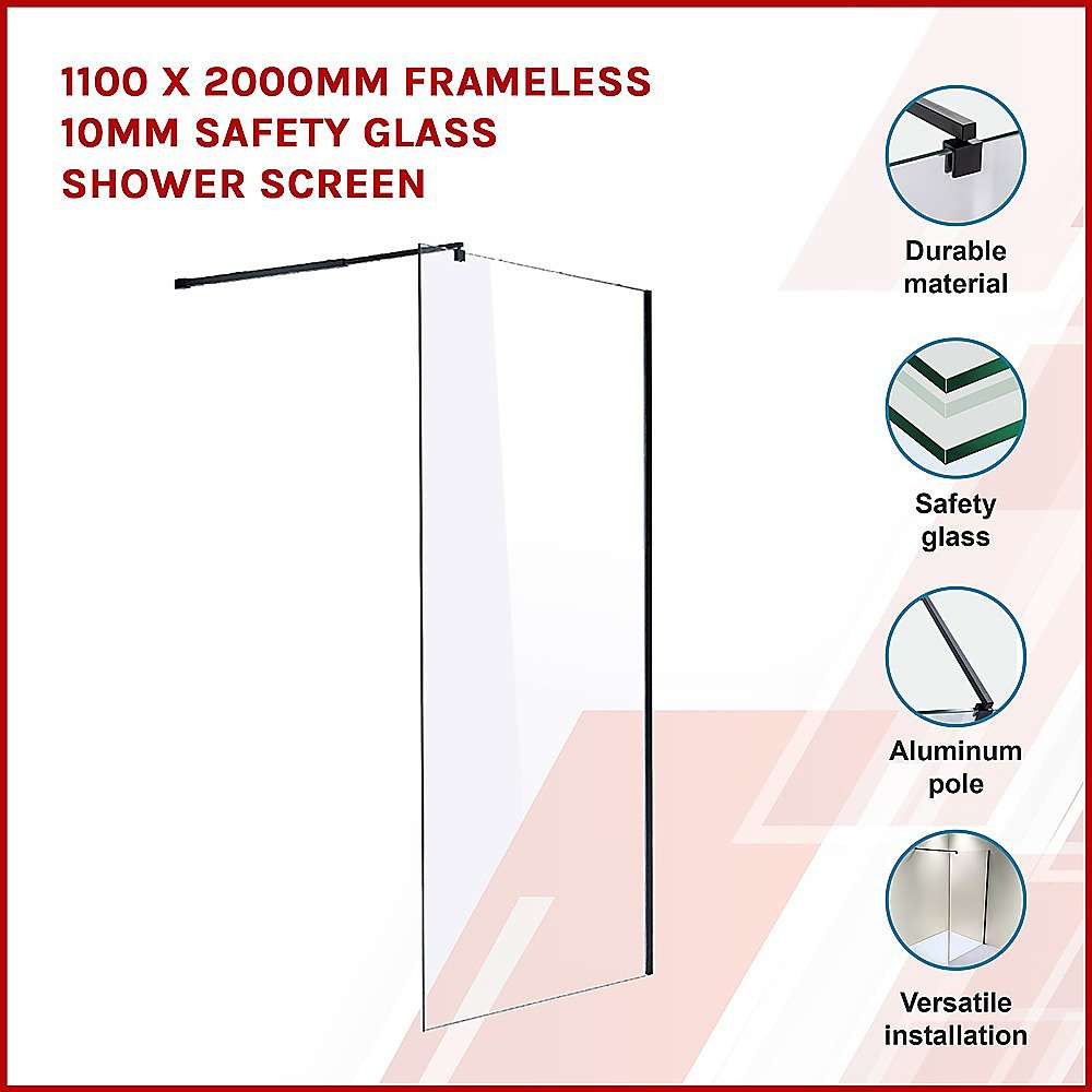 10mm Frameless Safety Glass Shower Screen 1100x2000mm - Premium Bathroom Upgrade for Modern Homes & Hotels