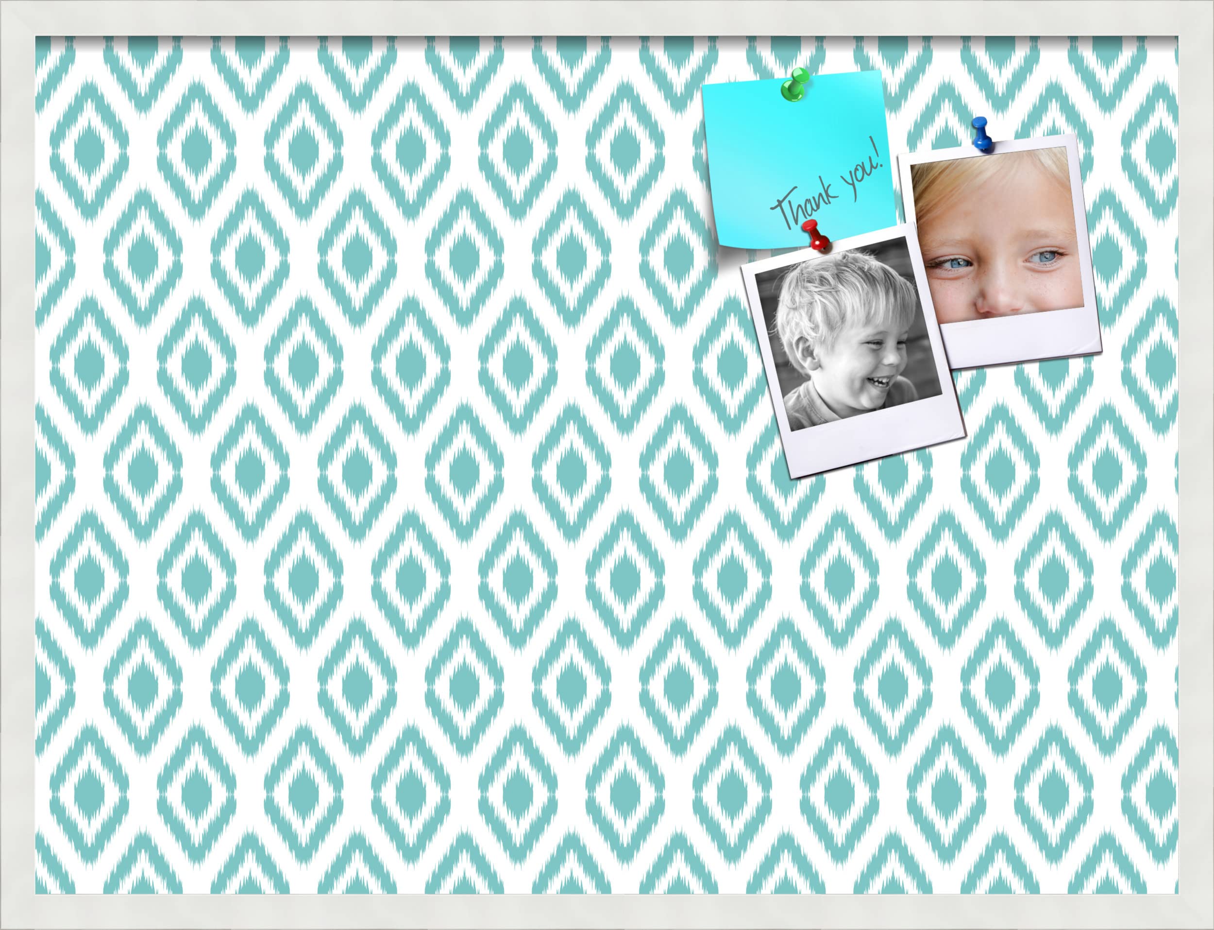 PinPix 32x24 Inch Cork Bulletin Board with Ikat Aqua Design & Satin White Frame - Stylish Decorative Pin Board for Home Office School Decor - Perfect for Notes, Photos, Reminders & Wall Organization