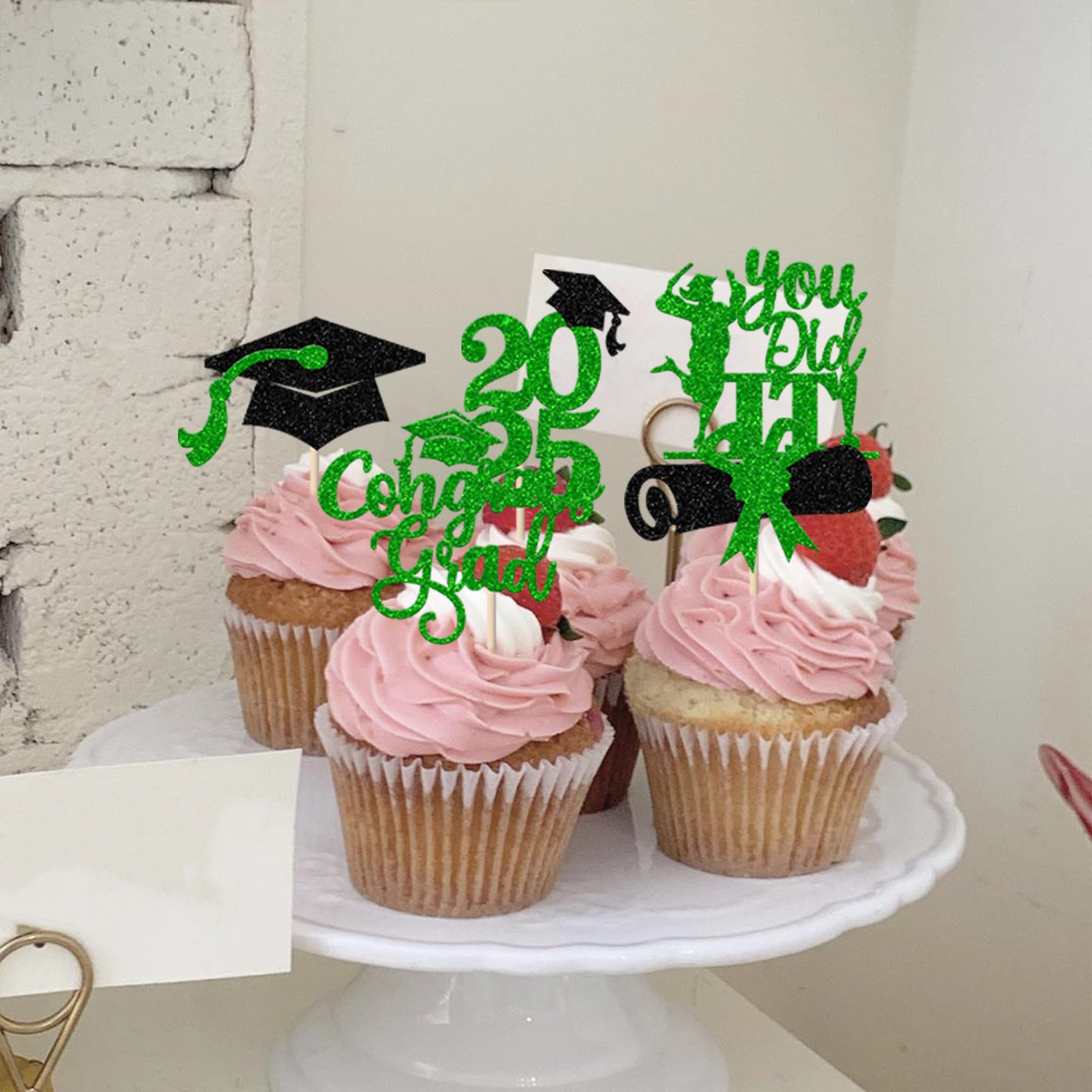24 Pack Class of 2025 Graduation Cupcake Toppers - Glitter Grad Cap & Law School Survivor Cake Decorations for Lawyer Graduation Party Supplies (Green) - Perfect for 2025 Graduation Celebrations, Birthday Parties & Special Events