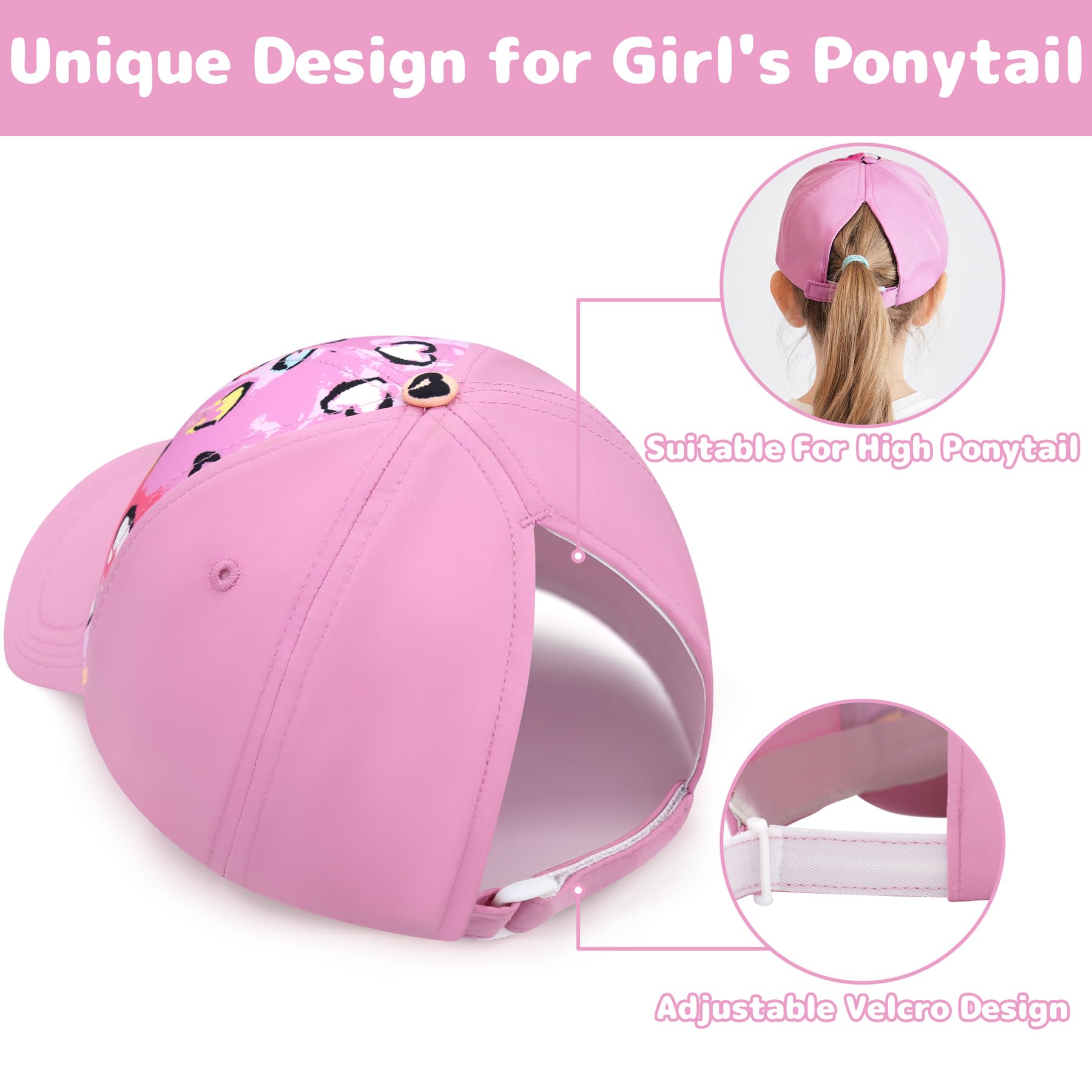Girls Baseball Trucker Hat with Ponytail Hole - Adjustable Toddler & Kids Cap for Outdoor Sports, Playground, and Summer Activities